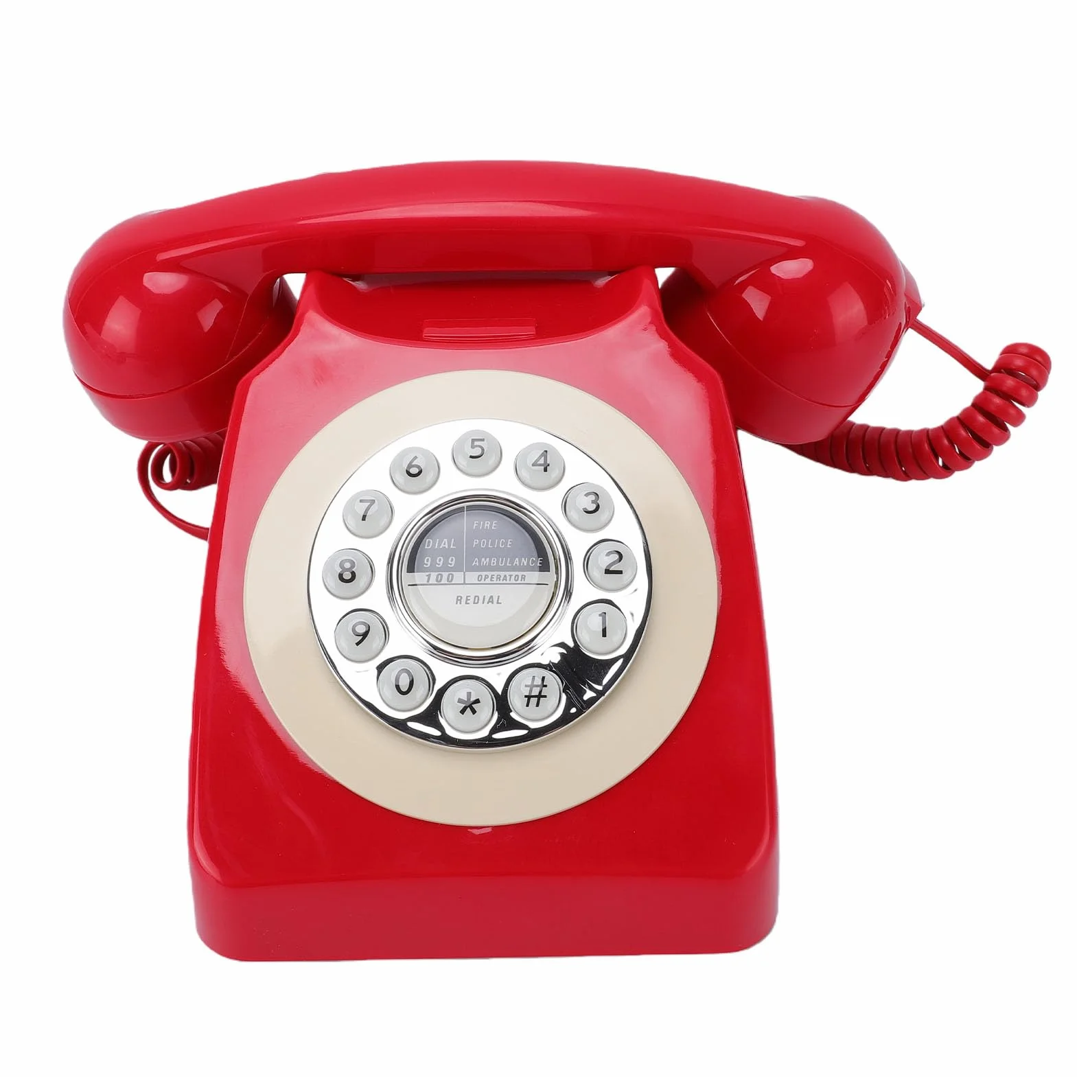 Denash Przewodowy Telefon Stacjonarny w Stylu Retro, Klasyczny Telefon z Wybieraniem Typu Push Dial i funkcją Ponownego Wybierania Numeru, Zabytkowy Domowy do Biura i Deko (czerwony)