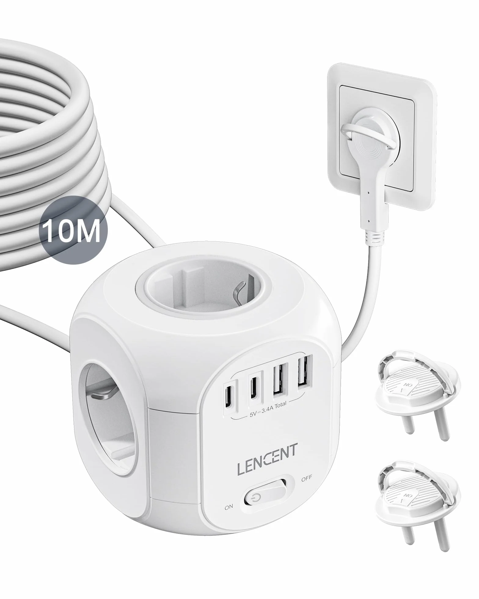 LENCENT 10 Metry Listwa Zasilająca z Płaską Wtyczką, 4 Przegrody 8 w 1 | Listwa Zasilająca z 3 Gniazdami USB A + 1 Gniazdkiem Typu C, Adapter z Przełącznikiem 10 M Kable, Wtyczka Domowa, Typu C/E/F