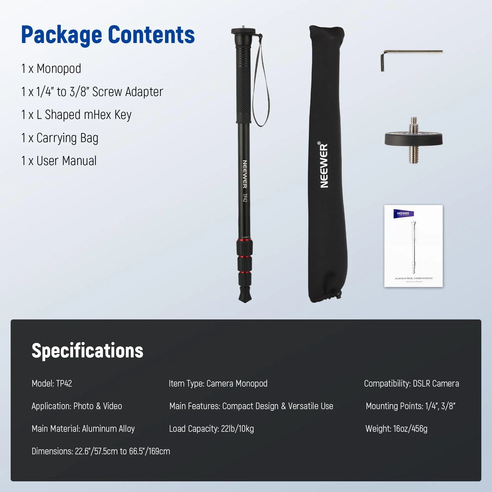 NEEWER Stojak monopod na aparat 168.9 cm, lekki aluminiowy monopod podróżny do lustrzanki cyfrowej, fotografii i nagrywania wideo, adapter śrubowy 1/10.2 cm i 3/20.3 cm, kij trekkingowy, maksymalne