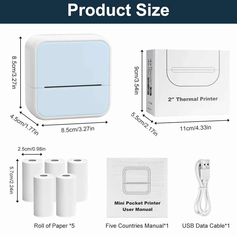 OFFCUP Mini drukarka Mini drukarka fotograficzna z 5 rolkami papieru Przenośna mini drukarka termiczna Drukarka kieszonkowa Drukarka Bluetooth do smartfonów z systemem iOS i Androidem do notatek