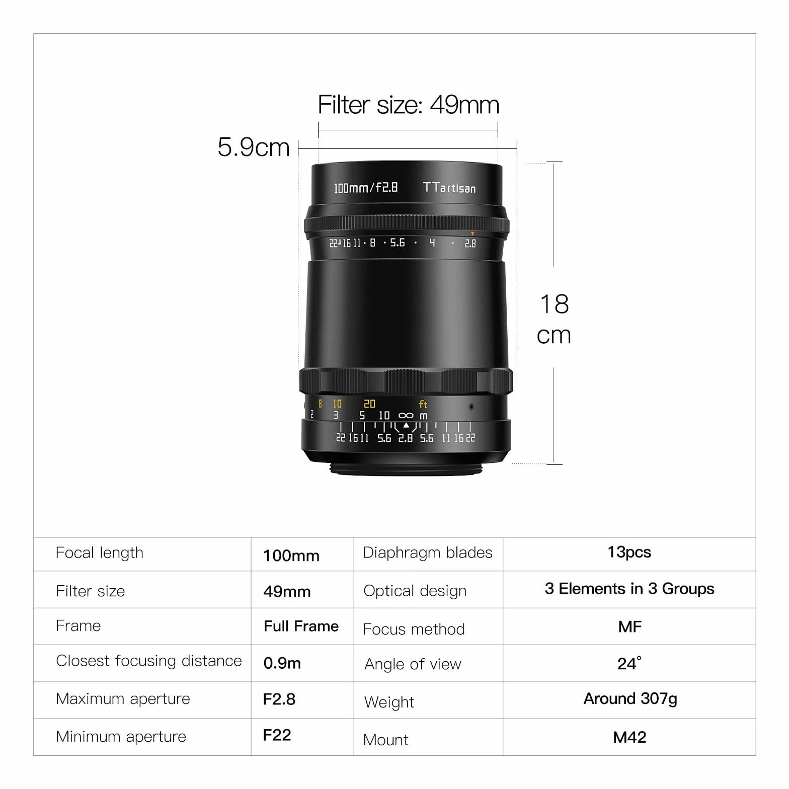 TTARTISAN 100 mm f2.8 Bubble Bokeh obiektyw pełnoklatkowy do M42 Mount, 100 mm f/2.8, ręczna ostrość, obiektyw do aparatu M42 Mount