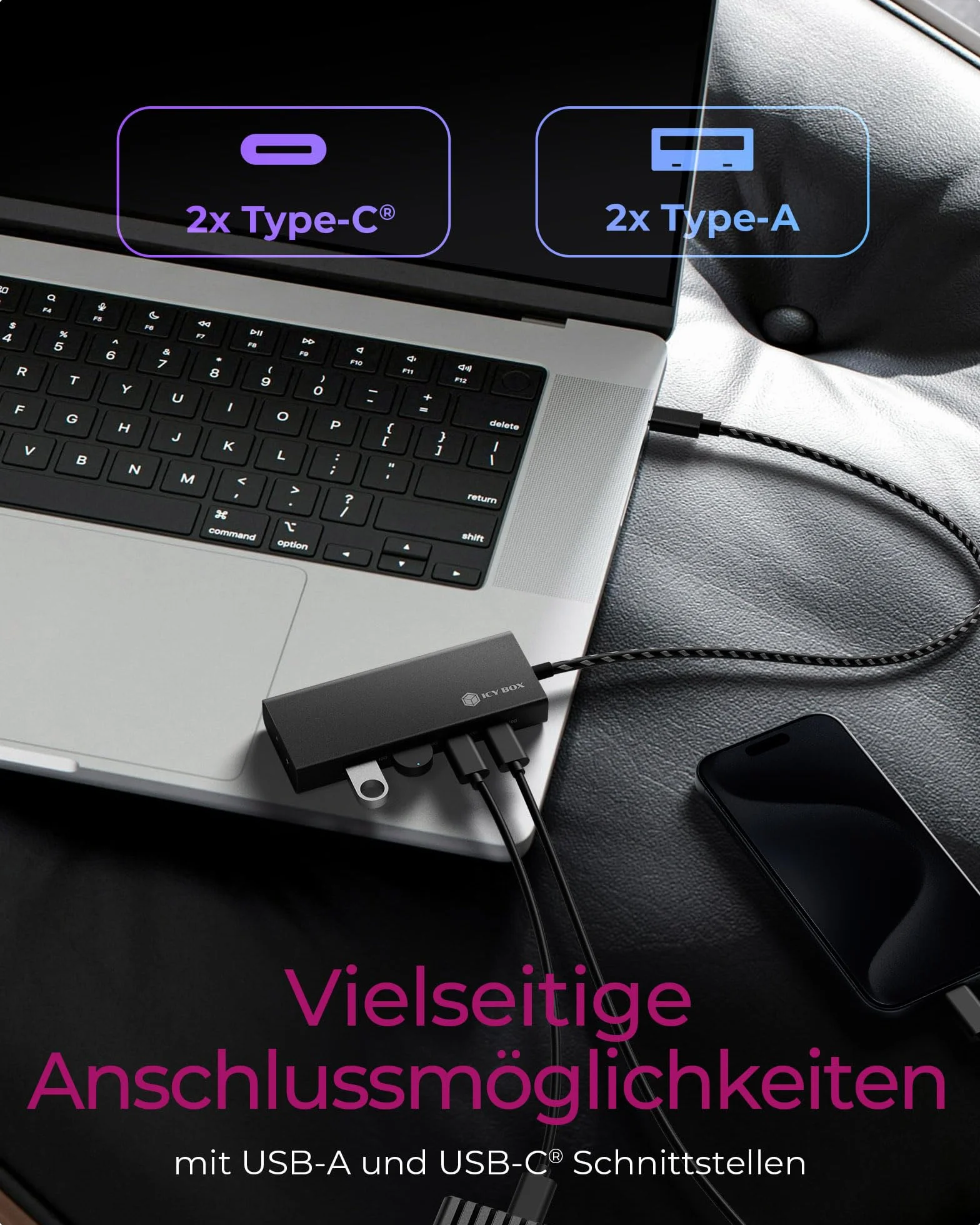 ICY BOX USB 3.2 Gen 2 HUB (10 GB/s), 4 x USB 3.2 (2X USB-A i 2X USB-C), 100 W Power Delivery, aluminium, wraz z kablem 30 cm, IB-HUB1436-CPD