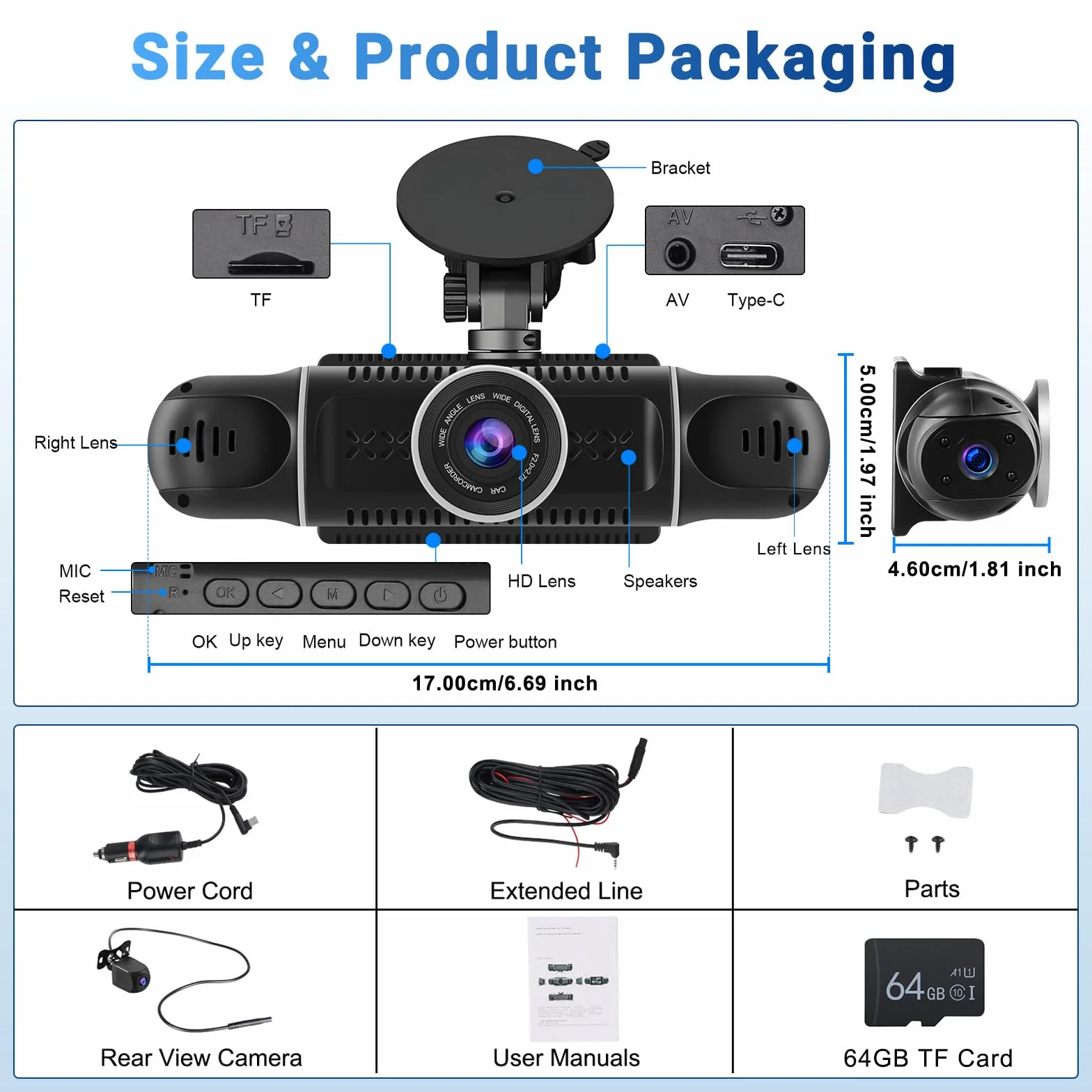 Kamera samochodowa z przodu 2K, wyświetlacz IPS 3" i 5G WiFi i karta 64 GB, obracana o 360°, kamera samochodowa z noktowizorem WDR, czujnik G, aplikacja Control, nagrywanie w pętli, szeroki kąt