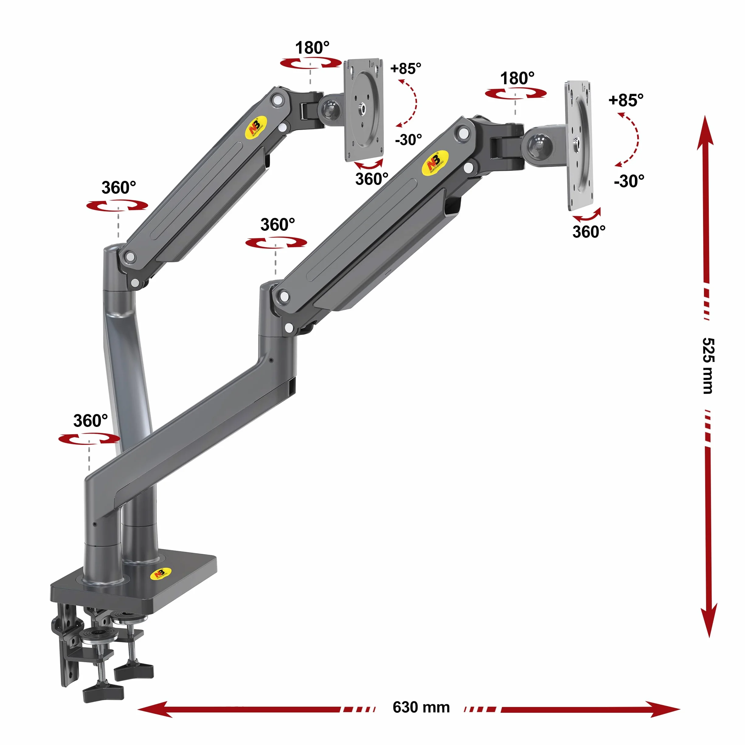 Solidny obrotowy uchwyt biurkowy na sprężynie gazowej do dwóch monitorów LCD LED 22-32 cali, VESA max. 100 x 100 mm, udźwig do 15 kg