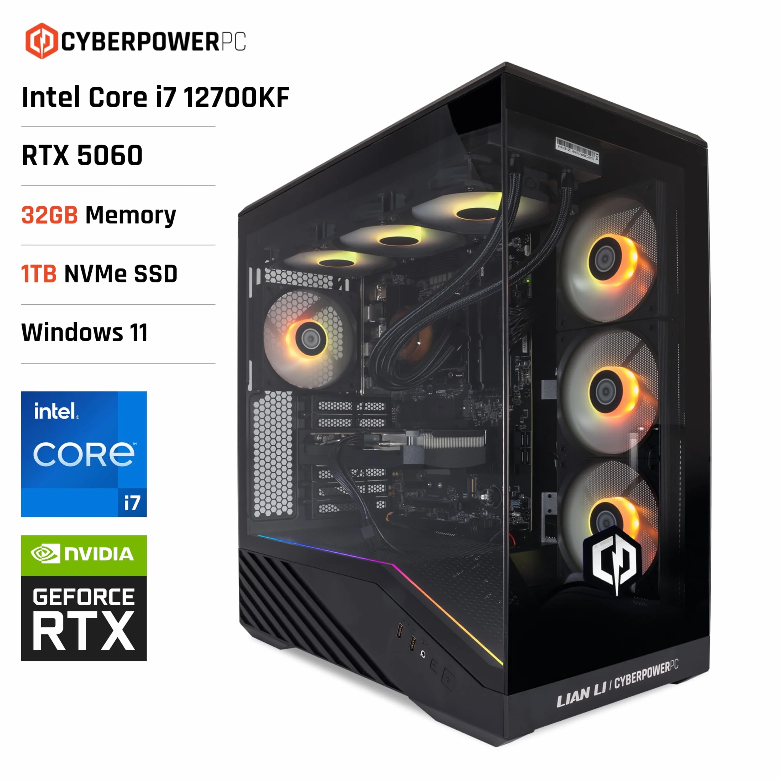 CyberPowerPC Luxe Gaming PC - Intel Core i7 12700KF, Nvidia RTX 5060, 32GB RAM, 1TB NVMe SSD, 650W PSU, Windows 11, Liquid Cooling, V100R