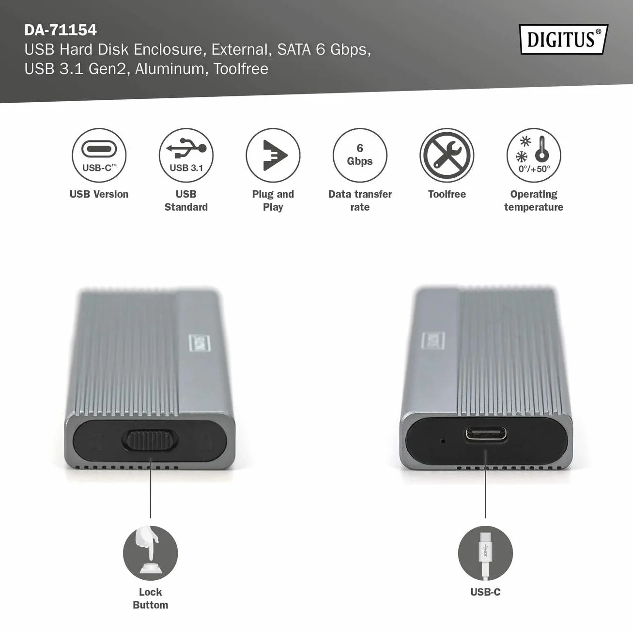 DIGITUS Zewnętrzna obudowa M.2 - USB 3.1 Gen2 Typ-C - 6 Gbit/s - obsługuje SATA SSD do 8 TB - do dysków SSD 2230/2242/2260/2280 z B-Key - bez narzędzi - obudowa aluminiowa - szara