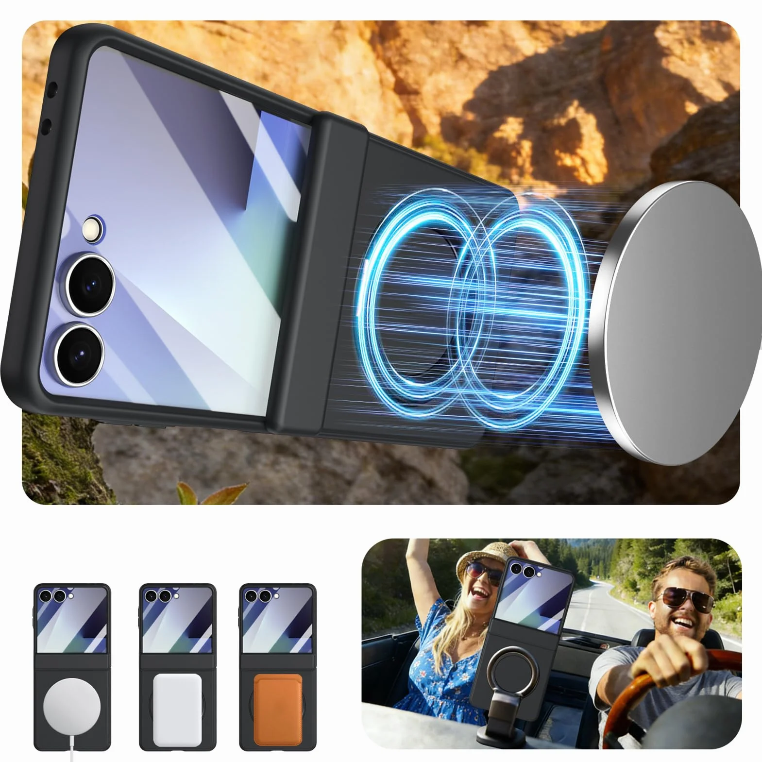 Ultra cienkie etui do Samsung Galaxy Z Flip 8, magnetyczne etui z zawiasami pierścieniowymi, osłona ekranu ze szkła hartowanego, złoto, Flip 8