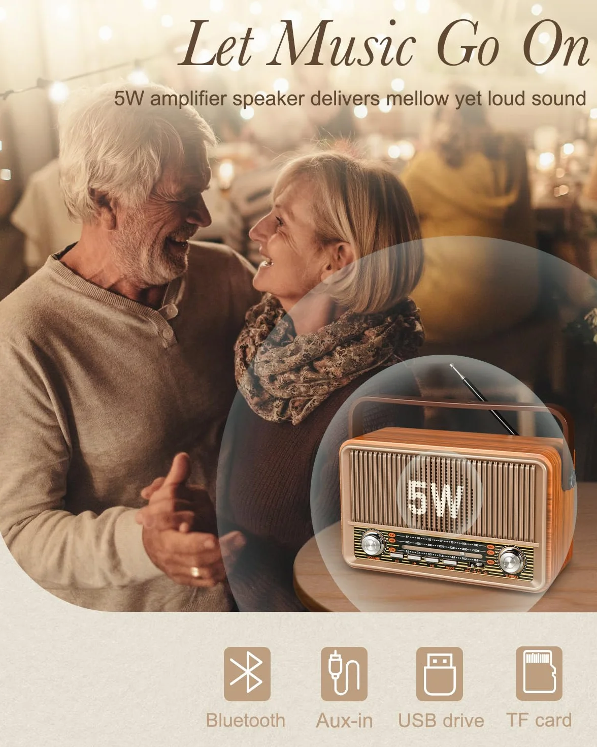 PRUNUS J-120 AM/FM/SW retro małe radio z akumulatorem 1800 mAh lub prądem AC, kuchenne, nostalgiczne z Bluetooth, obsługuje USB/TF/AUX, proste dla seniorów.