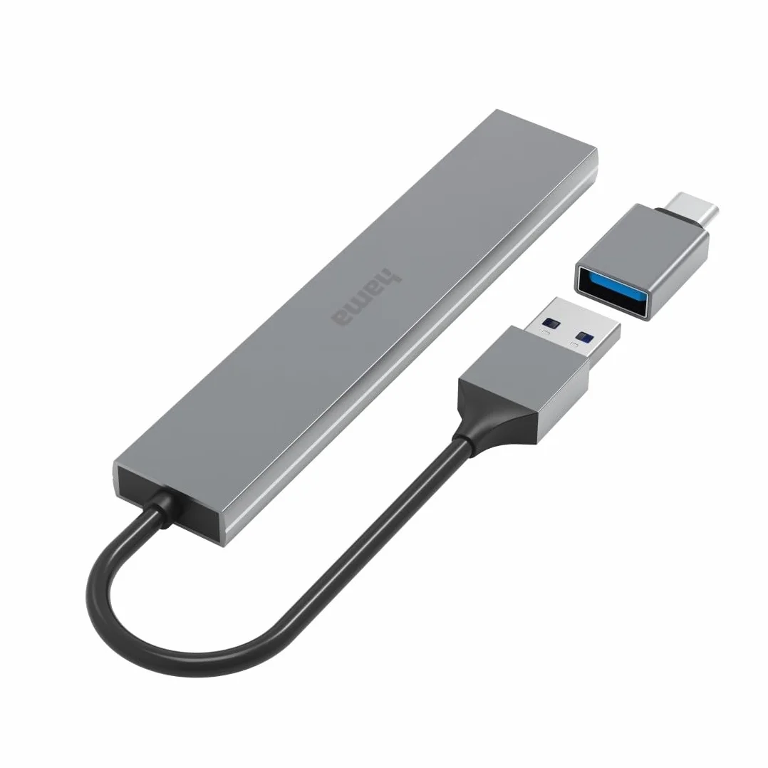 Hama hub USB A (4x USB-A, adapter USB C, USB 3.2, PD, power delivery, 5 Gbit/s, 100 W, ultra slim, stacja portów, rozdzielacz, multiport) antracyt
