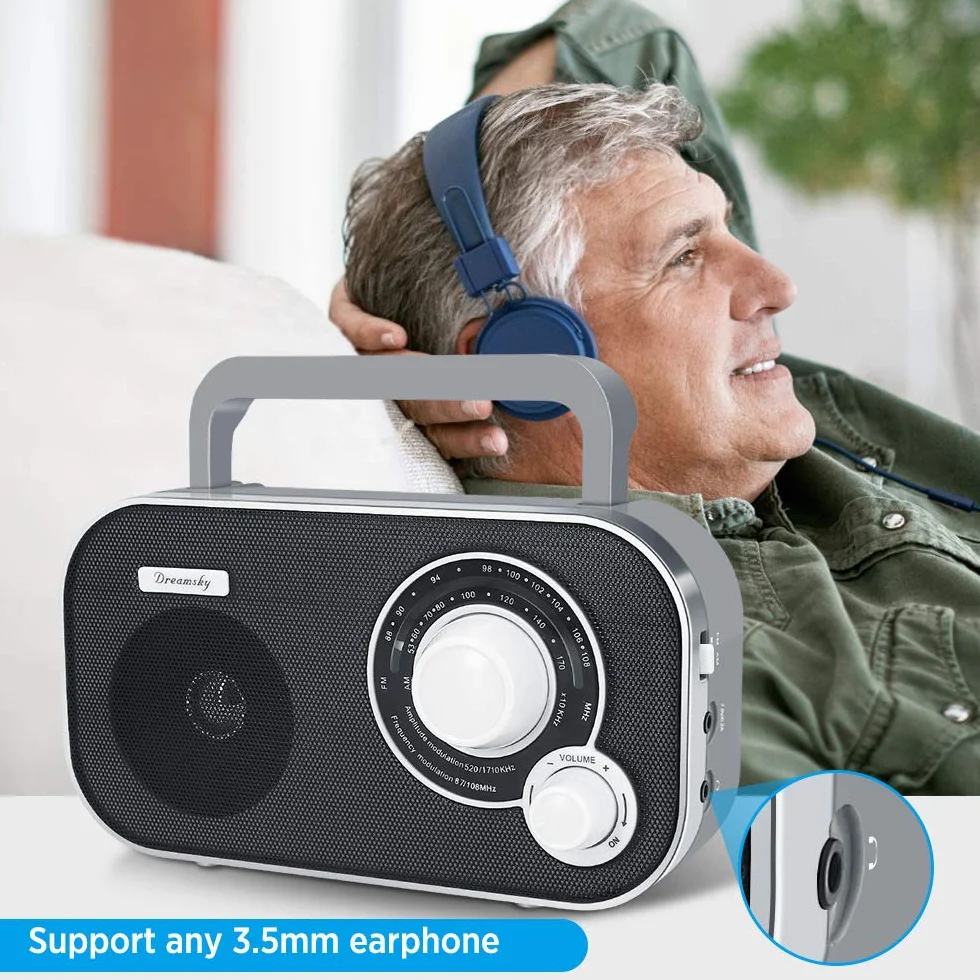 DreamSky Przenośne radio AM FM z doskonałym odbiorem, radio, zasilane bateryjnie, gniazdo sieciowe, z gniazdem słuchawkowym, ręczne radio tranzystorowe, małe prezenty dla seniorów w nagłych wypadkach
