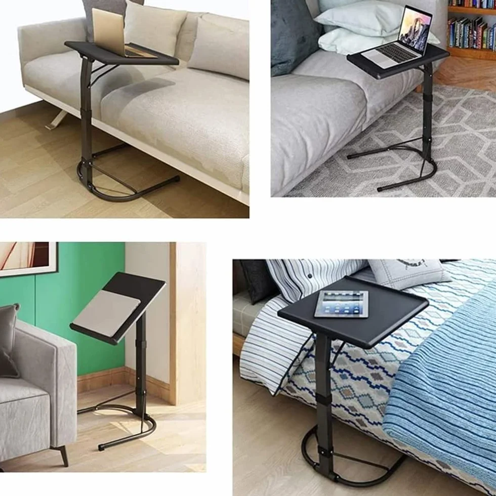 Stolik do łóżka z kółkami, składany stolik boczny do laptopa, z regulacją wysokości i nachylenia, lekki i przenośny, na łóżko, kanapę, na zewnątrz (43 x 43 x 63/70/76 cm, czarny)