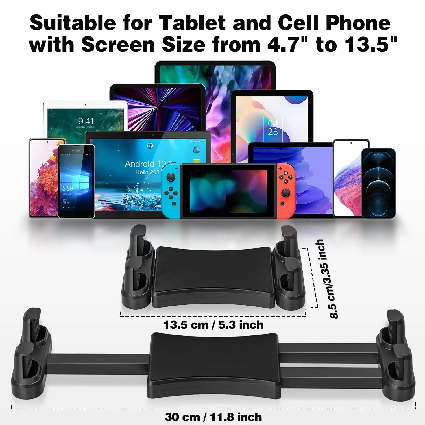 Samochodowy uchwyt na tablet, obracany o 360°, regulowany uchwyt samochodowy, uchwyt ścienny do iPhone'a/iPada/Pro/Air/Mini, telefonów komórkowych i tabletów 4,7-13,5"