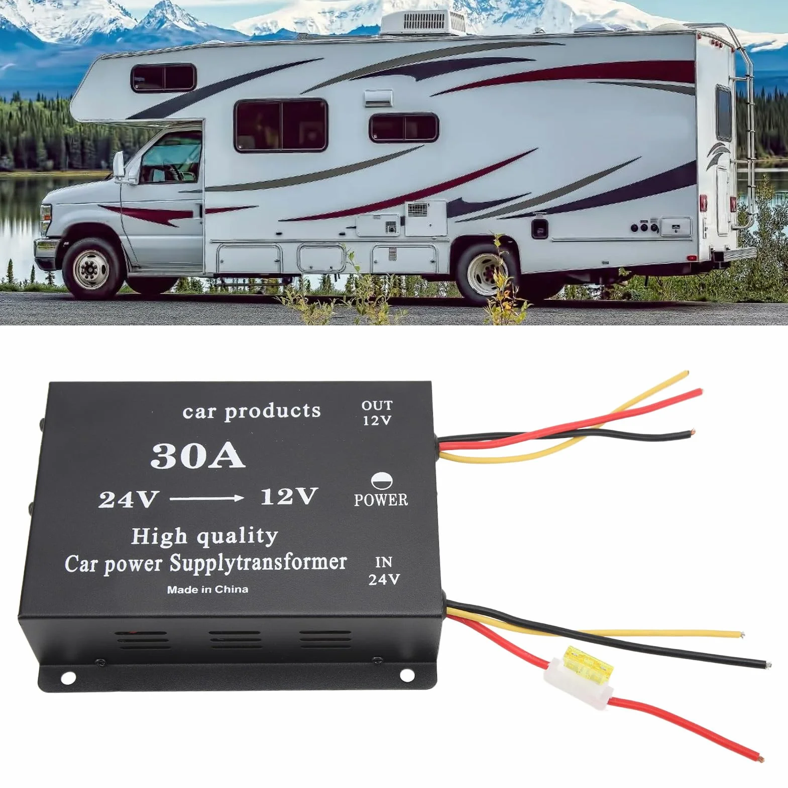 Przetwornica zasilania samochodu 30A 24V do 12V napięcie prądu stałego Adapter obniżający napięcie do lodówki samochodowej odtwarzacz DVD kamera stop aluminium czarny