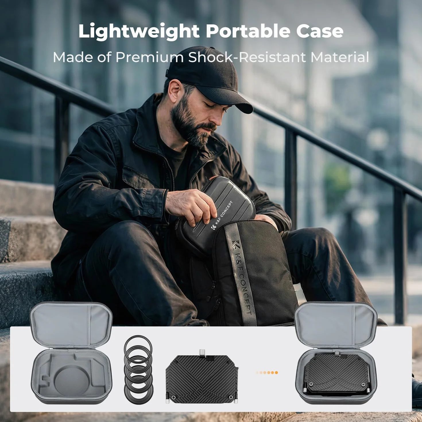 K&F CONCEPT Nano-X Pro Mini Matte Box z boczną klapką z włókna węglowego na górze, z kwadratowymi miseczkami filtrującymi 10,2 x 14,6 cm i pierścieniami adaptera obiektywu 67/72/77/82/95 mm do