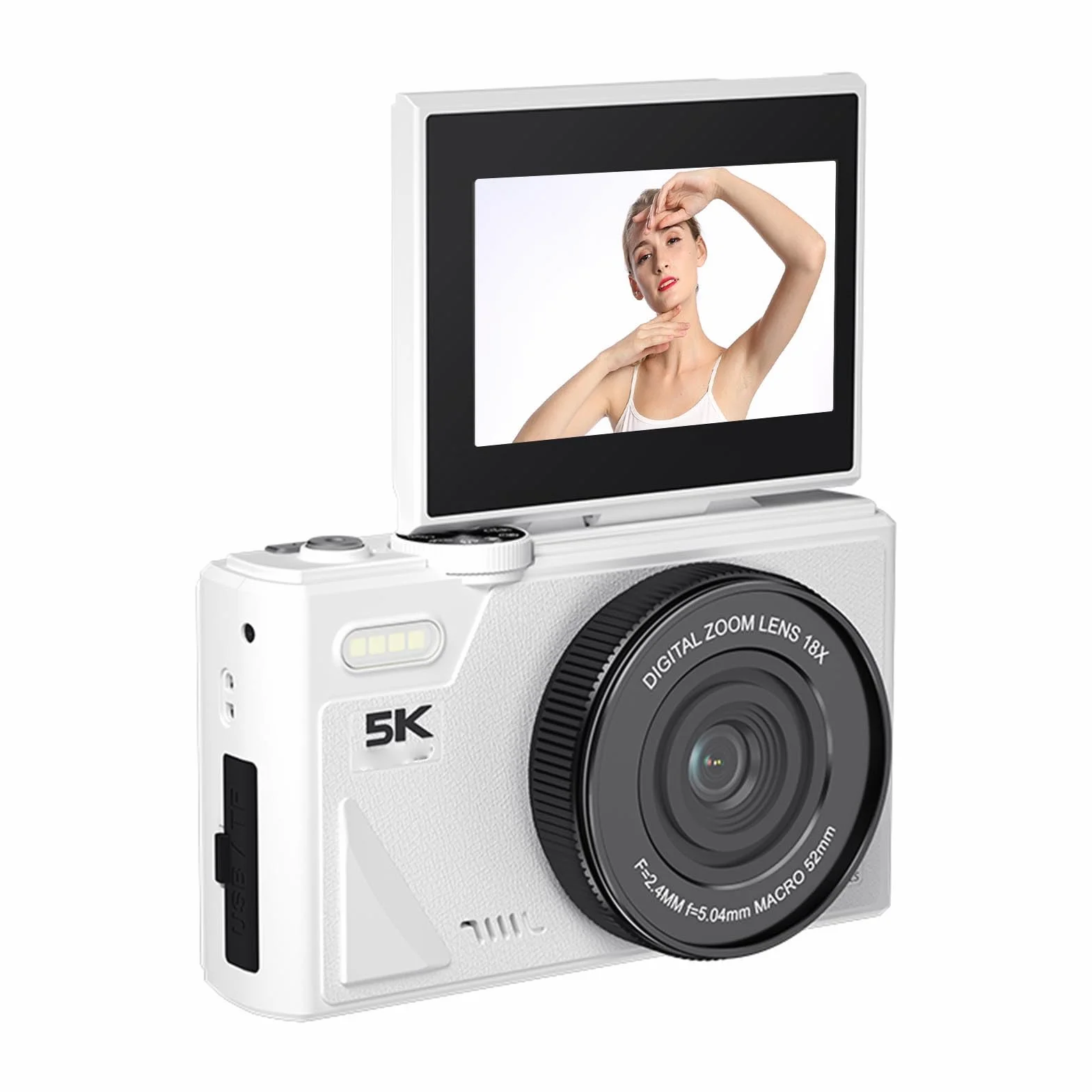 Fabater Cyfrowy Aparat Fotograficzny do Fotografii, 5K 75MP Autofocus Vlogging Camera, 3-calowy 180° Odchylany Ekran, 18-krotny Zoom Cyfrowy, Kompaktowe Aparaty Podróżne (WHITE)
