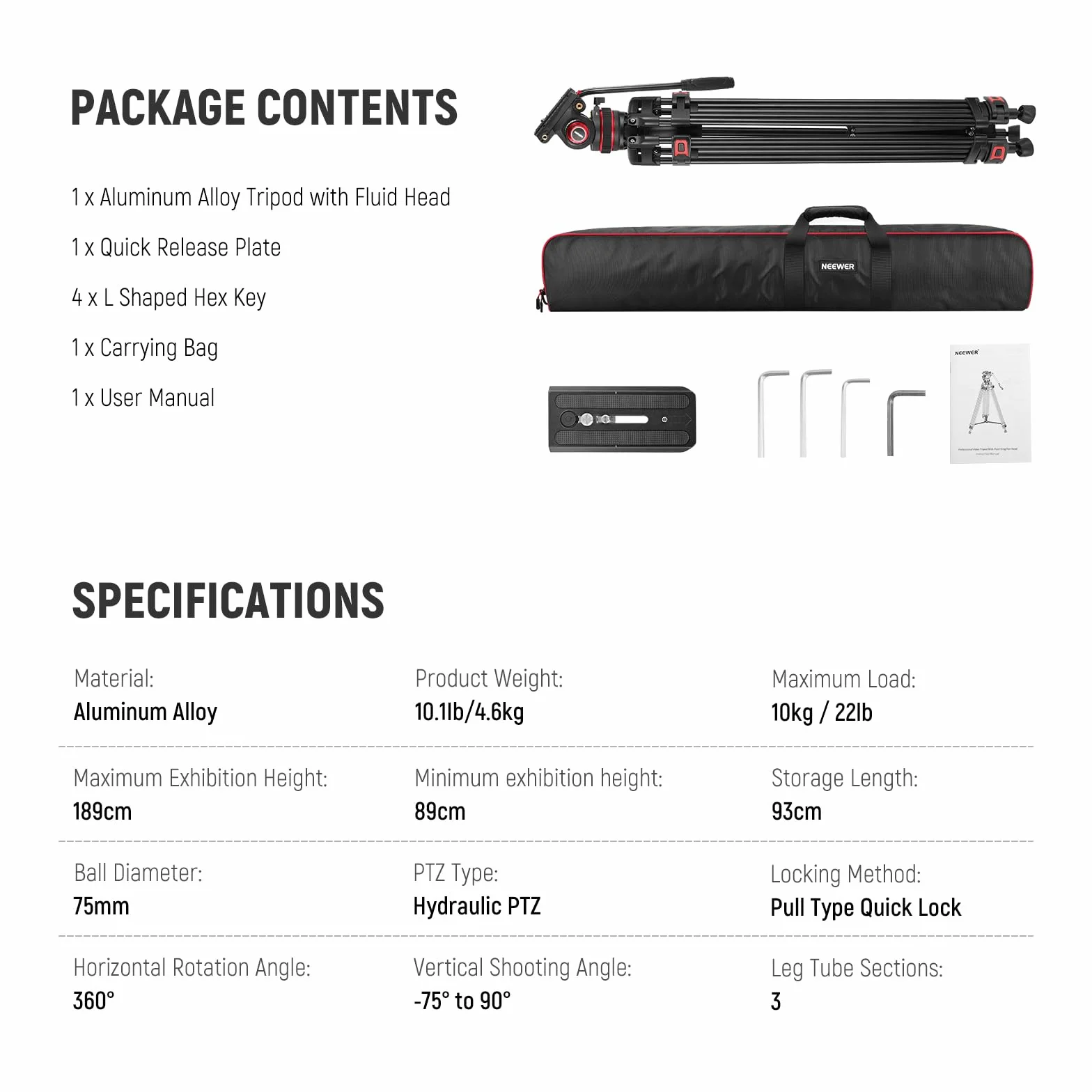 NEEWER 74" Pro statyw wideo z regulowaną amortyzacją, metalowa płyta QR Dual Mode, kompatybilny z DJI RS Gimbals Manfrotto, elastyczny obrót o 360° i nachylenie +90°/-75°, maksymalne obciążenie 10 kg,