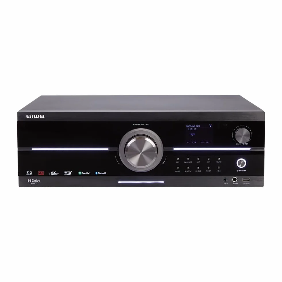 AIWA AVR-7210 7.2-kanałowy odbiornik audio i wideo z technologią Dolby Atmos, Spotify Streaming, AirPlay 2, Bluetooth 5.2 i UHD 4K Passthrough - 1155 W. Kolor: czarny