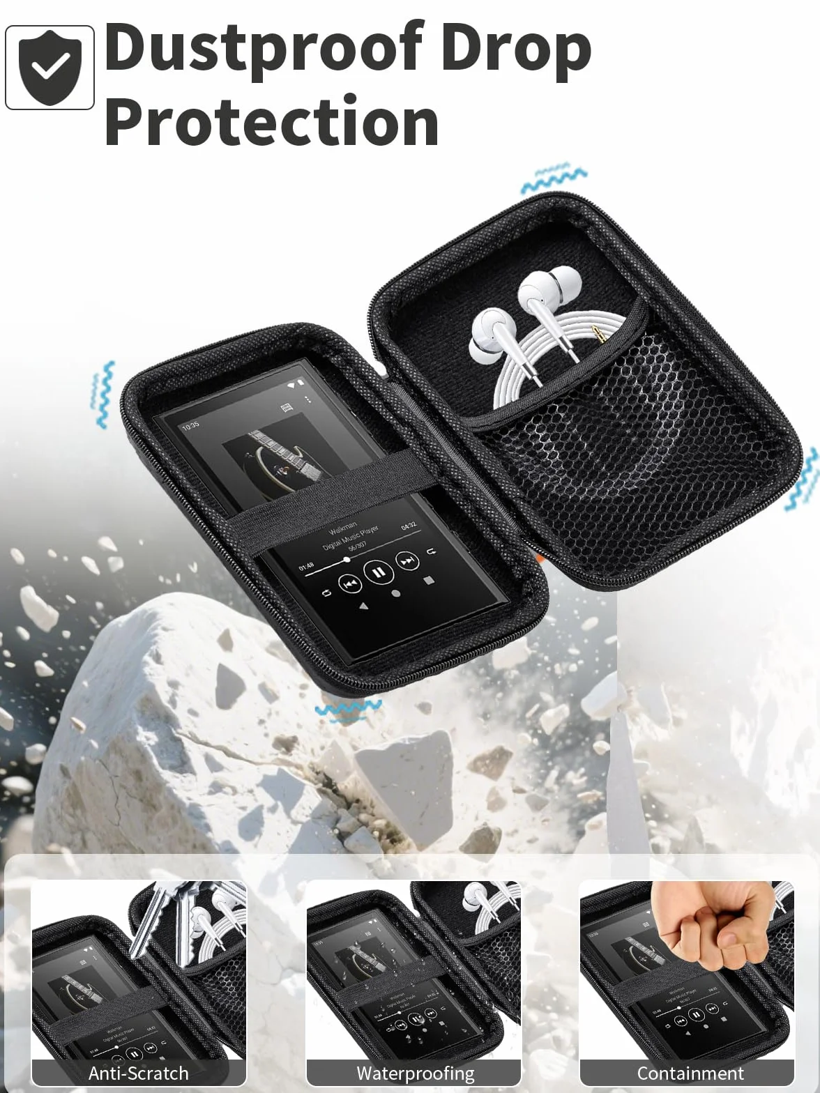 Etui do HiBy R1 HiFi 3", odtwarzacz MP3, twarda obudowa, przenośne etui ochronne z kablem USB i miejscem na kartę pamięci, wodoszczelne i ochrona przed uderzeniami, czarne | praktyczna torba