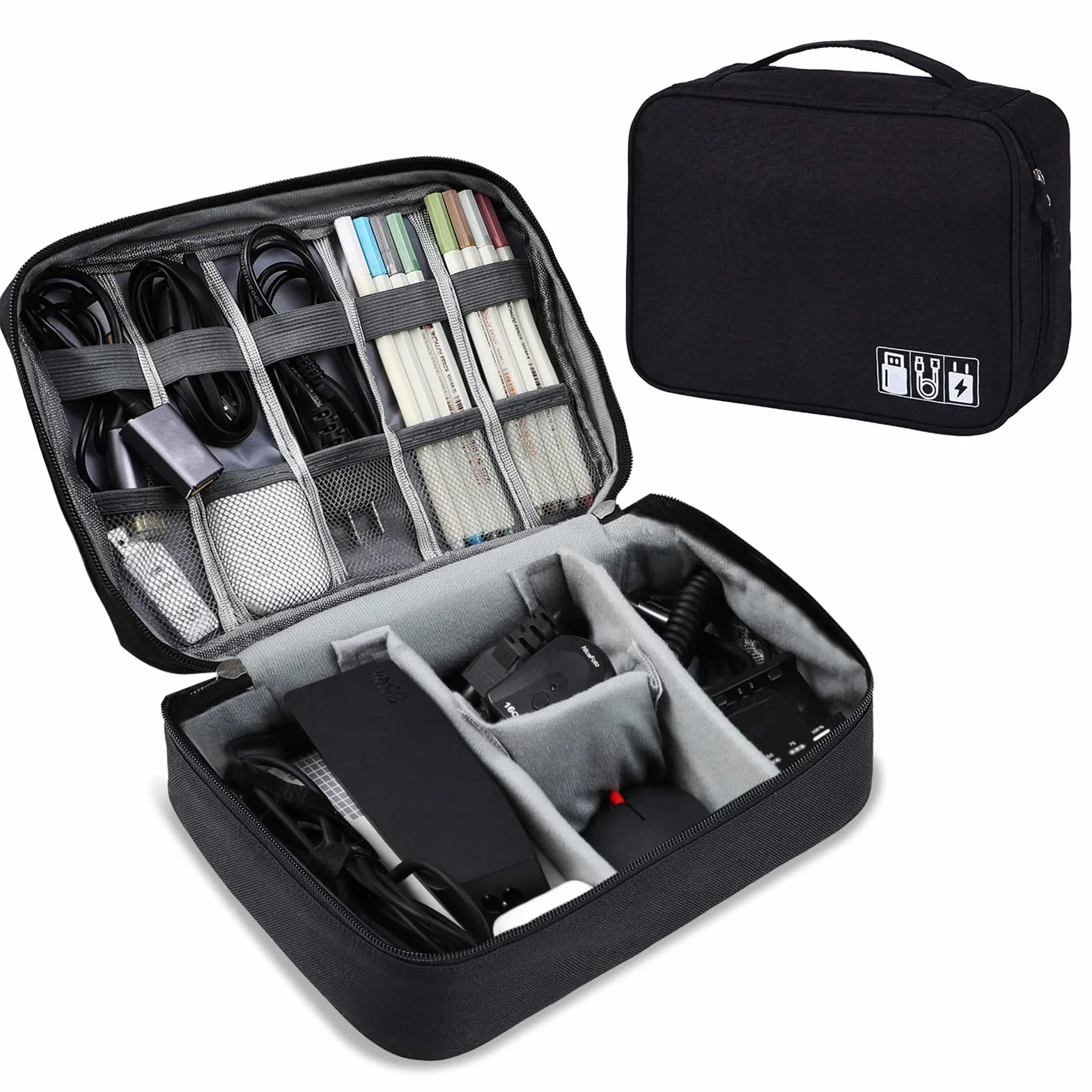 AiQInu Data cable storage bag-Grey Torba na kable, uniwersalny organizer na kable, 2 warstwy, wodoszczelny, regulowany organizer na kable do ładowania, powerbank, pamięć USB, karty SD, szary