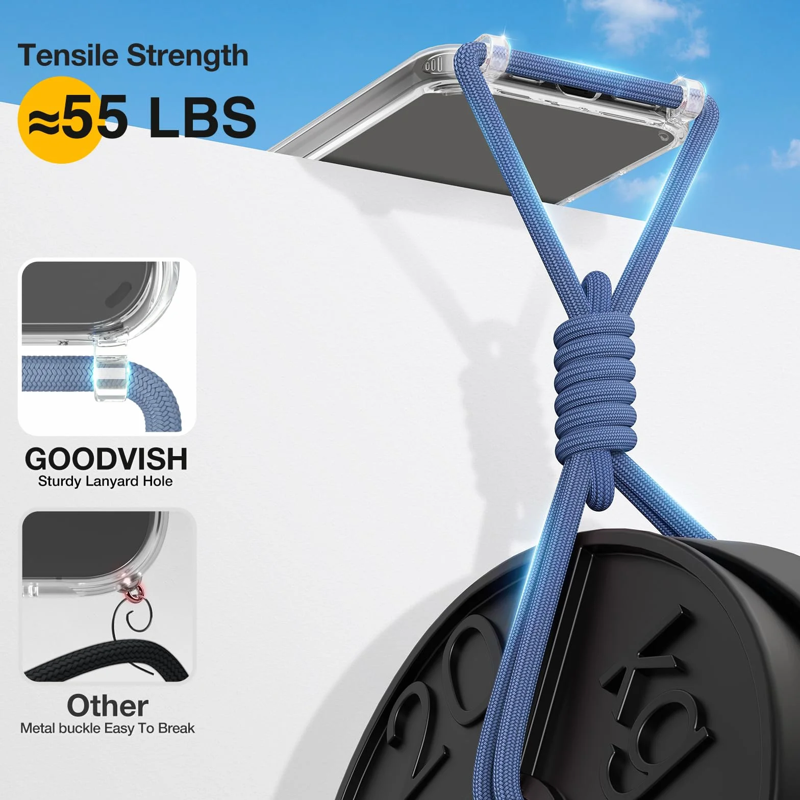 GOODVISH Łańcuszek na telefon komórkowy do iPhone 17 z paskiem, chroniący aparat i ekran, etui na telefon z łańcuszkiem, przezroczywe etui z paskiem do zawieszenia, 6.3", niebieskie