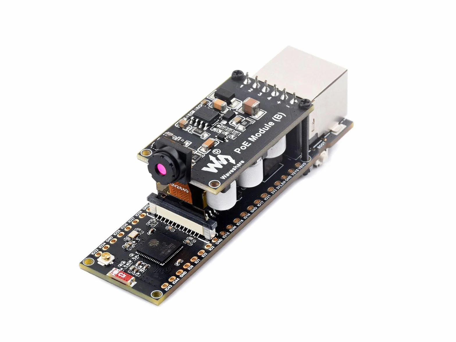Waveshare ESP32-S3 ETH Development Board, 10/100Mbps RJ45 Ethernet Port, Wi-Fi & BT Support, 240MHz Dual Core Processor, Onboard Type-C Port and TF Card Slot, OV2640 Camera+PoE Module