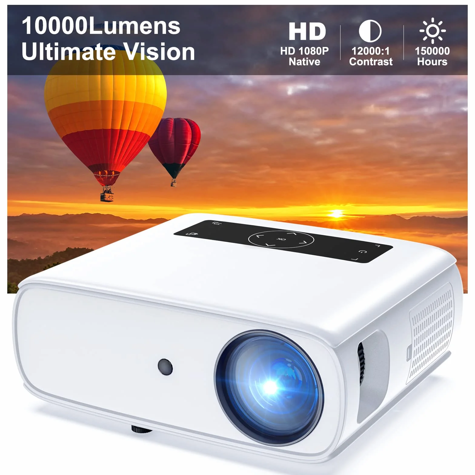 Projektor HOPVISION, natywny projektor 1080P Full HD, projektor kina domowego 4K z 150000 godzin, 350-calowy projektor multimedialny Bluetooth do smartfona/PC/laptopa/PS4/TV stick/EXCEL/PPT