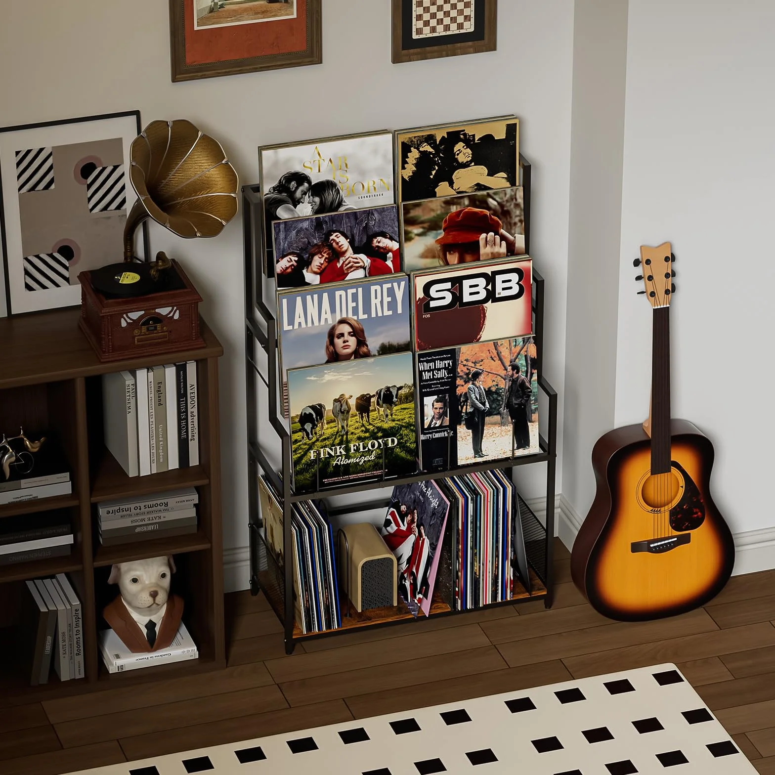 5-poziomowy stojak do przechowywania płyt winylowych z półką na płyty, organizer winylowy, 250-320 albumów, metalowy stojak na płyty LP, CD, DVD, czasopisma, książki