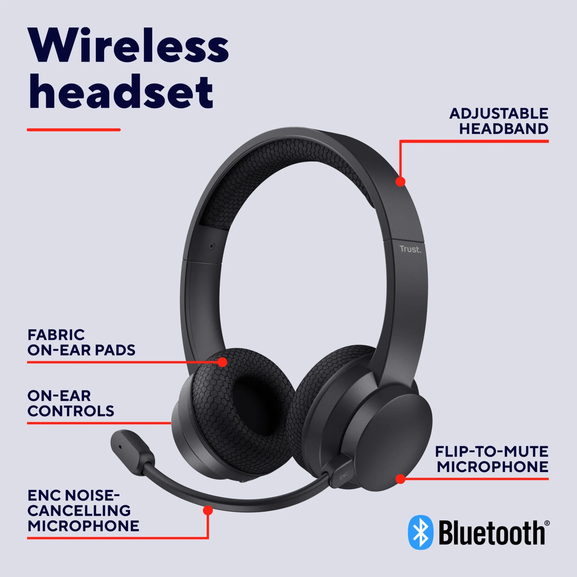 Trust Roha II nauszny bezprzewodowy zestaw słuchawkowy Bluetooth, czarny | mikrofon ENC, lekkie słuchawki z akumulatorem, 85% materiału z recyklingu, headset do PC Mac biura pracy Zoom Teams
