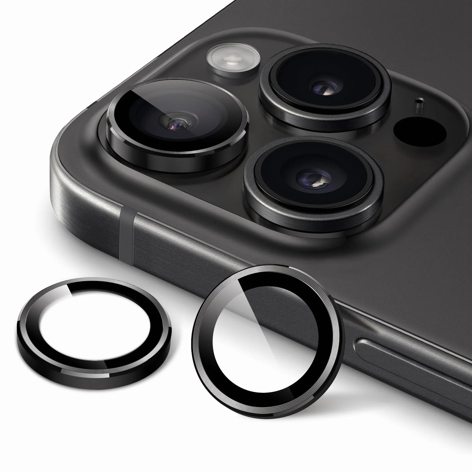 JETech Ochraniacz Obiektywu Aparatu dla iPhone 15 Pro/15 Pro Max | Gwiezdna Czerń, Szkło Hartowane 9H, Metalowe Osłony Pierścieniowe, Przejrzystość HD