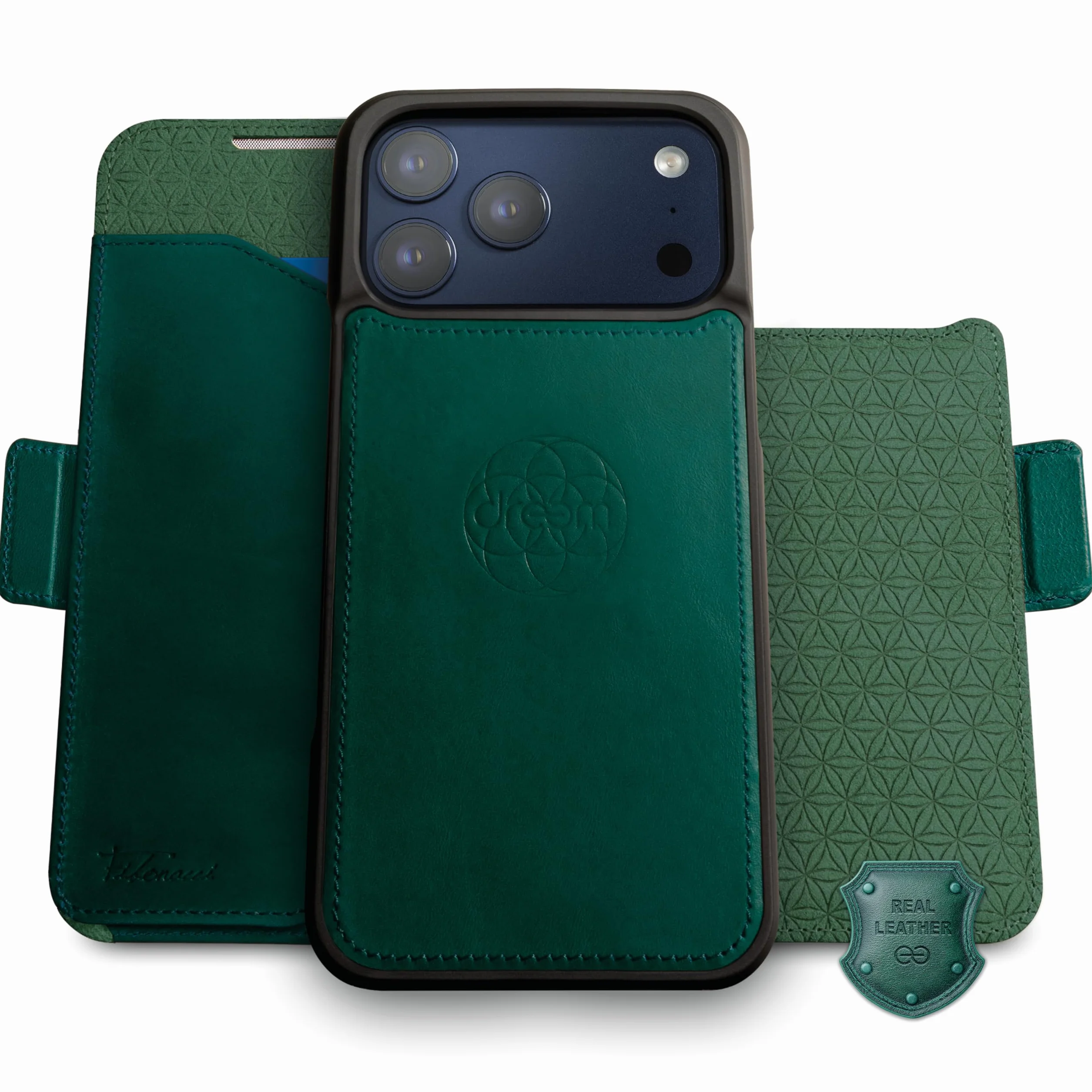 Dreem Skórzane etui do iPhone 17 Pro Max – rewolucyjny stojak i kieszeń na karty, zdejmowane etui magnetyczne, MagSafe-Ready, blokada RFID, etui portfelowe z prawdziwej skóry [Fibonacci: Dark Green]