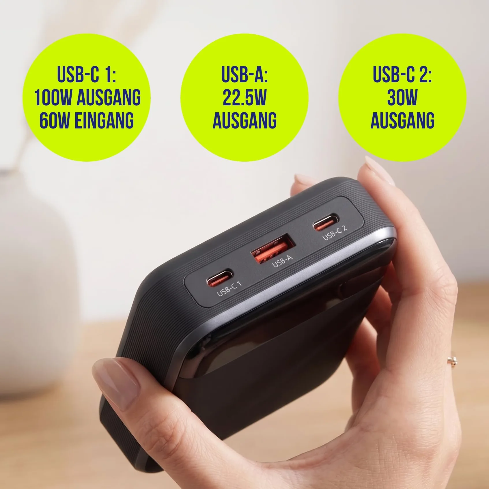 Powerbank 19200 mAh 130 W – USB-C PD & QC szybka ładowarka do laptopa, telefonu komórkowego i tabletu – aluminiowa obudowa, wyświetlacz LCD, kompaktowy, w zestawie kabel 100 W – szary Power