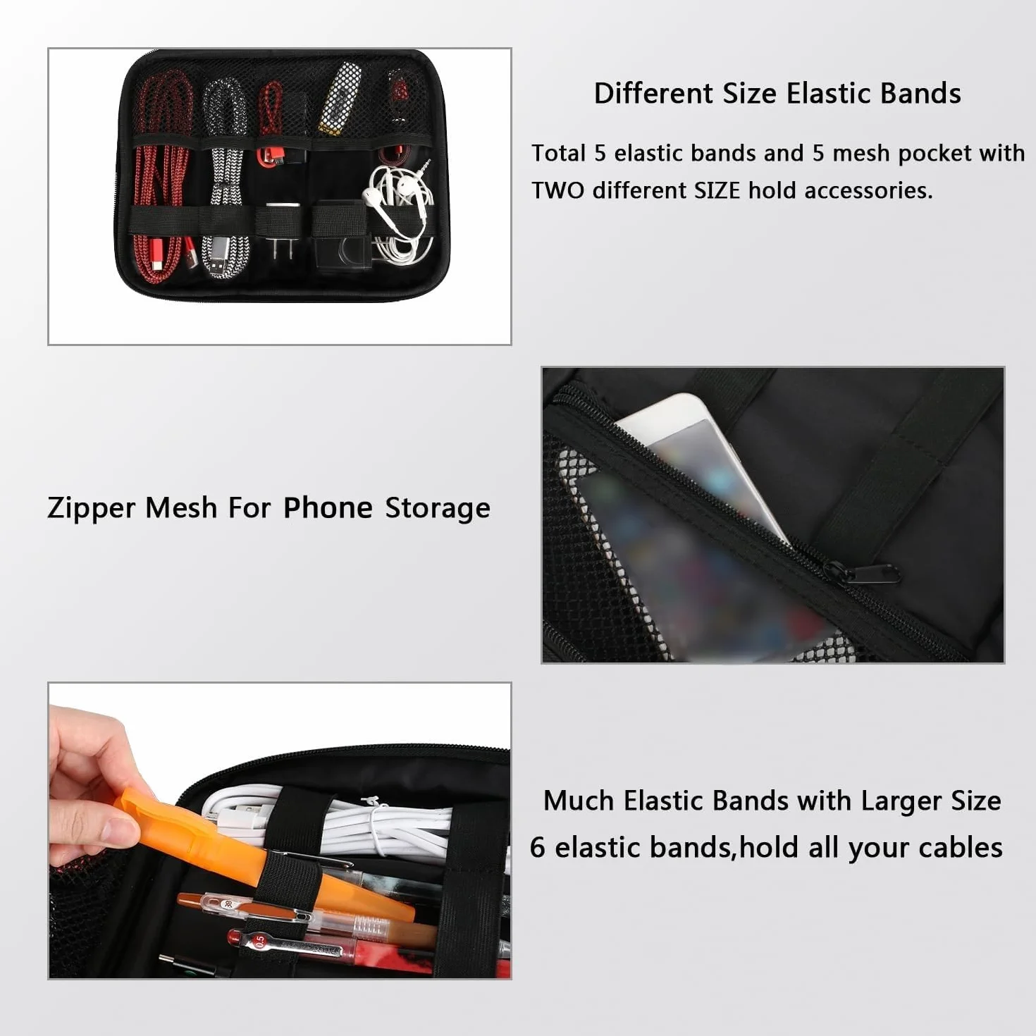 MATEIN Elektroniczna wielofunkcyjna torba na kable wodoodporna torba do przechowywania akcesoriów uniwersalna torba organizer na pamięć USB, kartę pamięci, ładowarkę, power bank, 2 warstwy, czarna