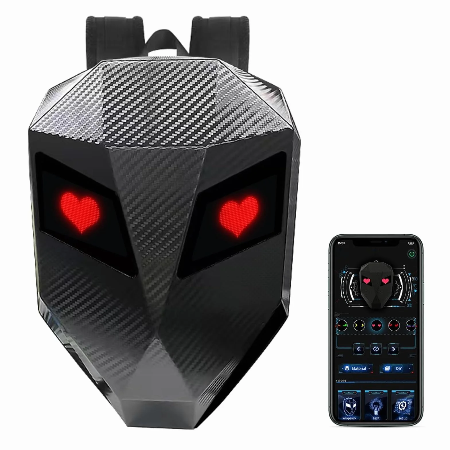 Walfront Plecak LED, programowalny ekran, wodoodporna twarda obudowa, kontrola aplikacji dla aplikacji LOY EYES, plecak motocyklowy LED zasilany przez USB, pełnokolorowy ekran punktowy 48 x 48