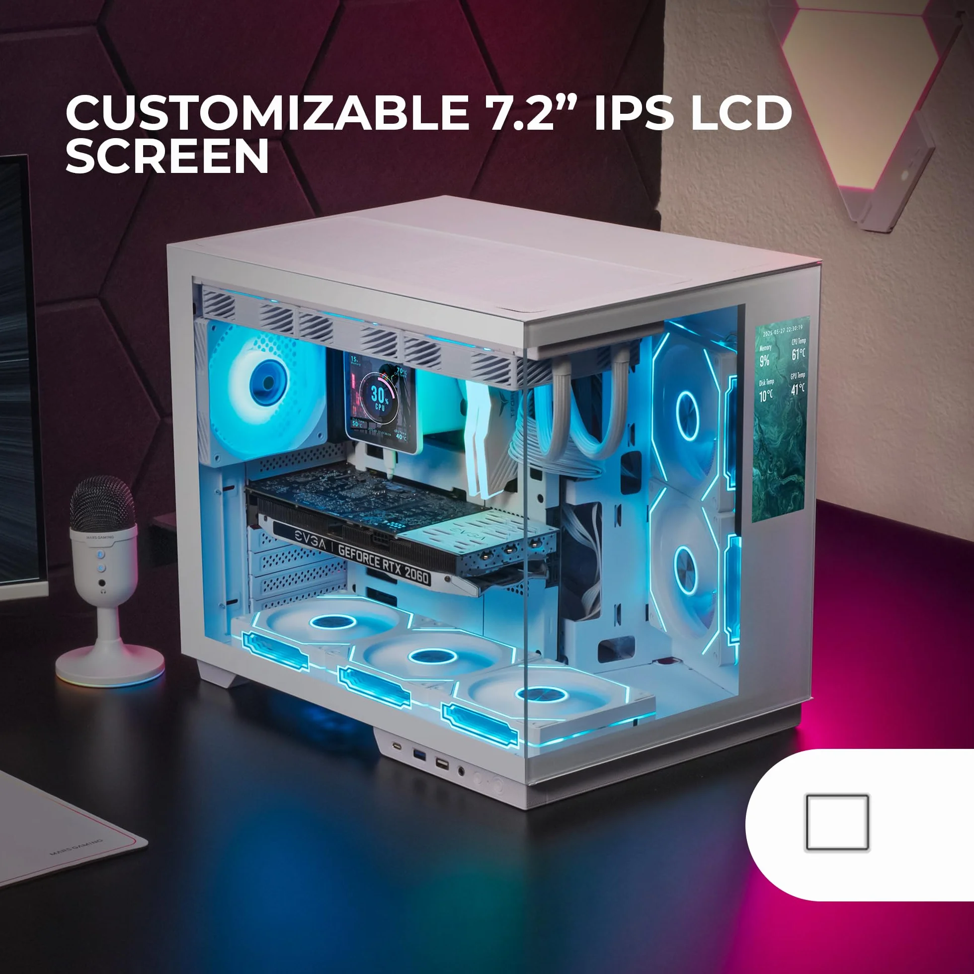 Mars Gaming MC-MIRAGE, Obudowa Gamingowa ATX, Ekran LCD IPS 7,2” Personalizowany, Ciągły Szkło Hartowane Przedni i Boczny Panel, Struktura Podwójnej Komory, Wsparcie Chłodzenia Cieczą do 360mm, Biały