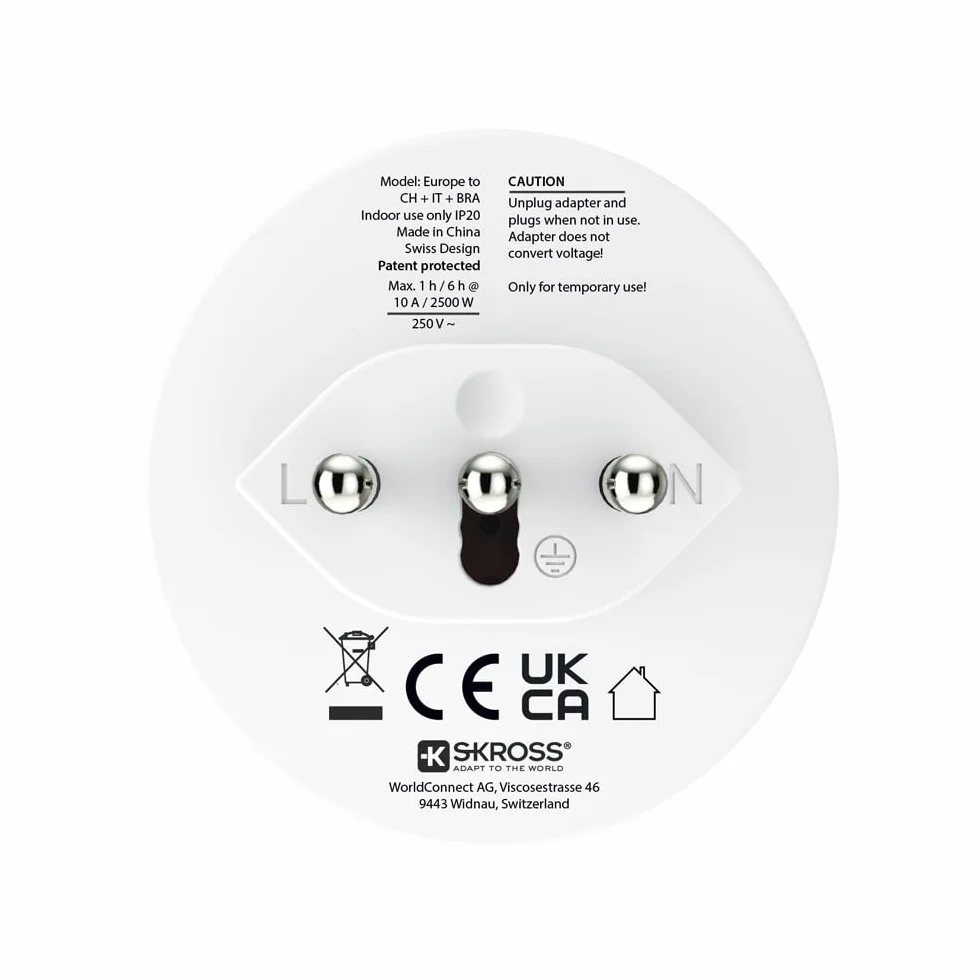 SKROSS Europe to Switzerland Italy Brazil Travel Adapter 100-250 V 10 A 2500 W