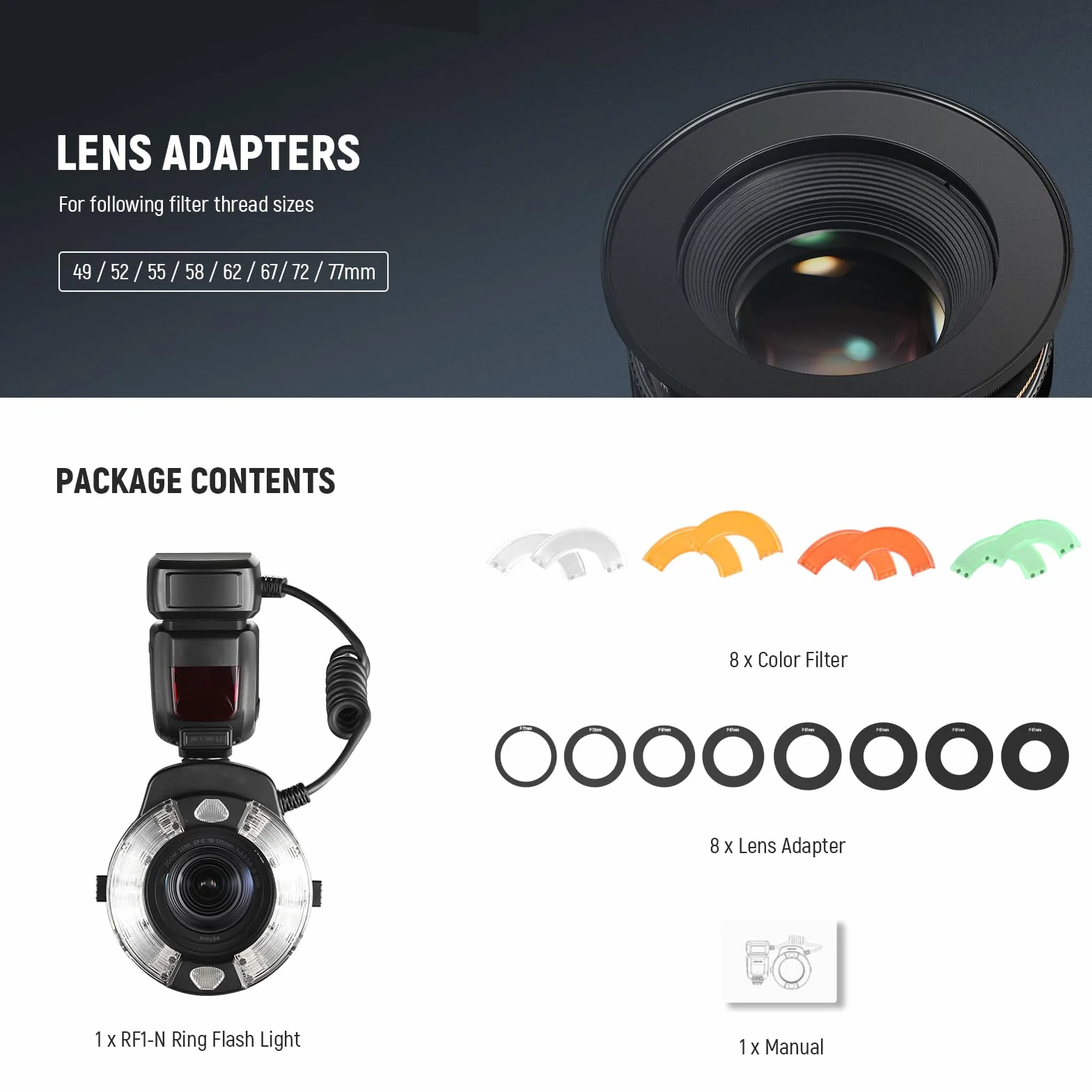 Neewer RF1-N Marco Ring lampa błyskowa kompatybilna z aparatem Nikon, 76Ws GN15 5600K TTL oświetlenie 1-1/128 wyjście przednia/tylna zasłona synchronizacja kolorów żele, pierścienie adaptera