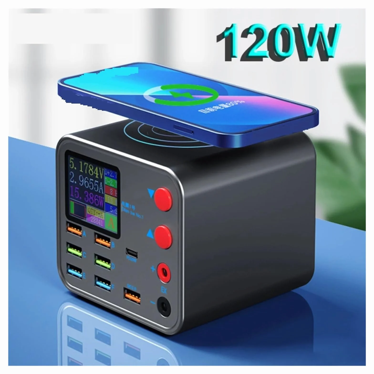 Stacja Ładująca USB 120 W Z Wyświetlaczem LED 8 Portów QC3.0 USB-C PD 20 Szybkie Ładowanie I Ładowarka Bezprzewodowa MożLiwość Szybkiego łAdowania