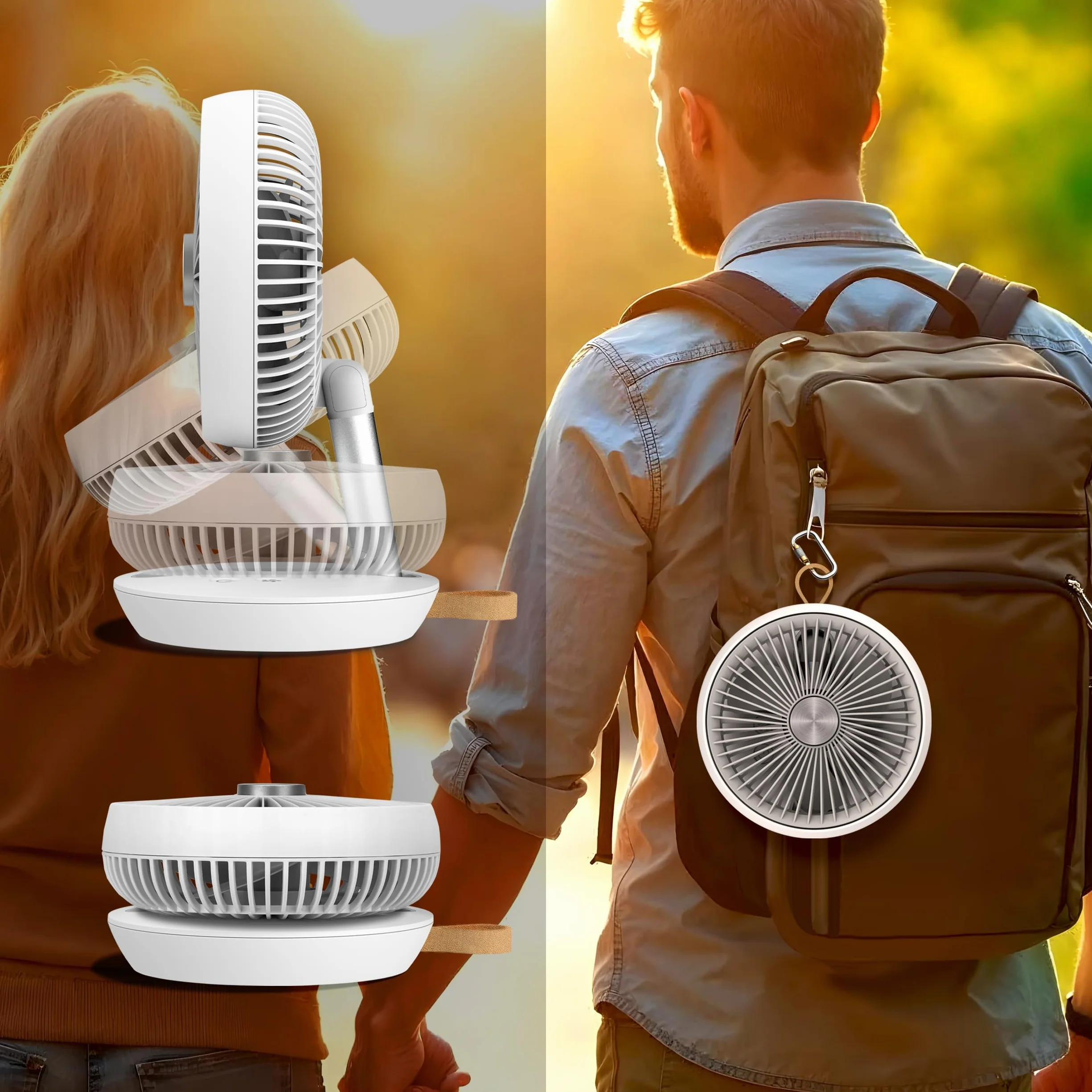 FlexiGo Przenośny Wentylator Biurkowy USB z Akumulatorem 15h, 4 Tryby, Cichy i Składany, do Zawieszenia – Bezprzewodowy Wiatrak na Kemping i pod Namiot, Biały