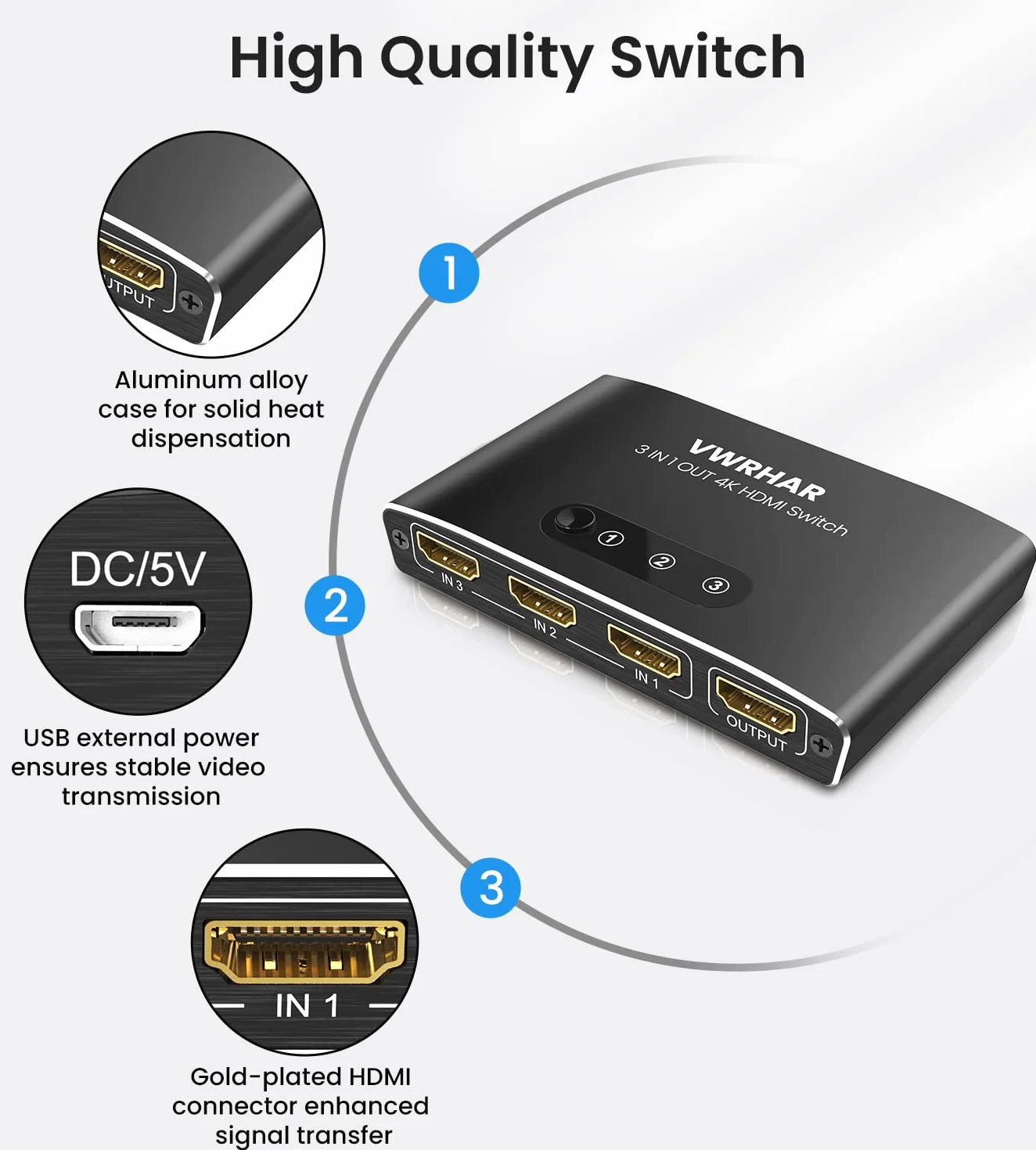 Przełącznik HDMI 3 w 1 Rozdzielacz 4K UHD, Metalowy Przełącznik 4K 30 Hz 3D HDCP1.4 dla PS5/PS4/Xbox
