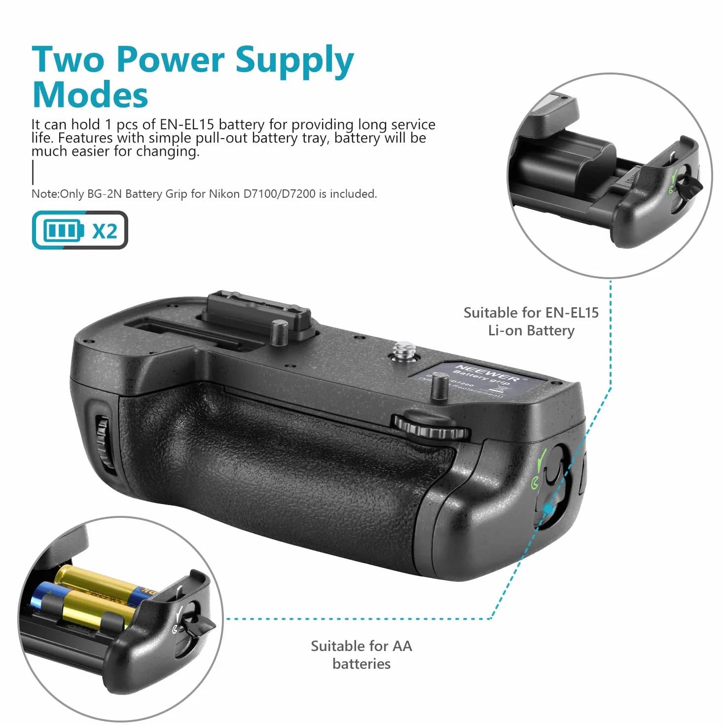 Neewer® Pionowy uchwyt baterii zamiennik do MB-D15 działa z baterią EN-EL15 lub 6 sztuk baterii AA do lustrzanki cyfrowej Nikon D7100 D7200