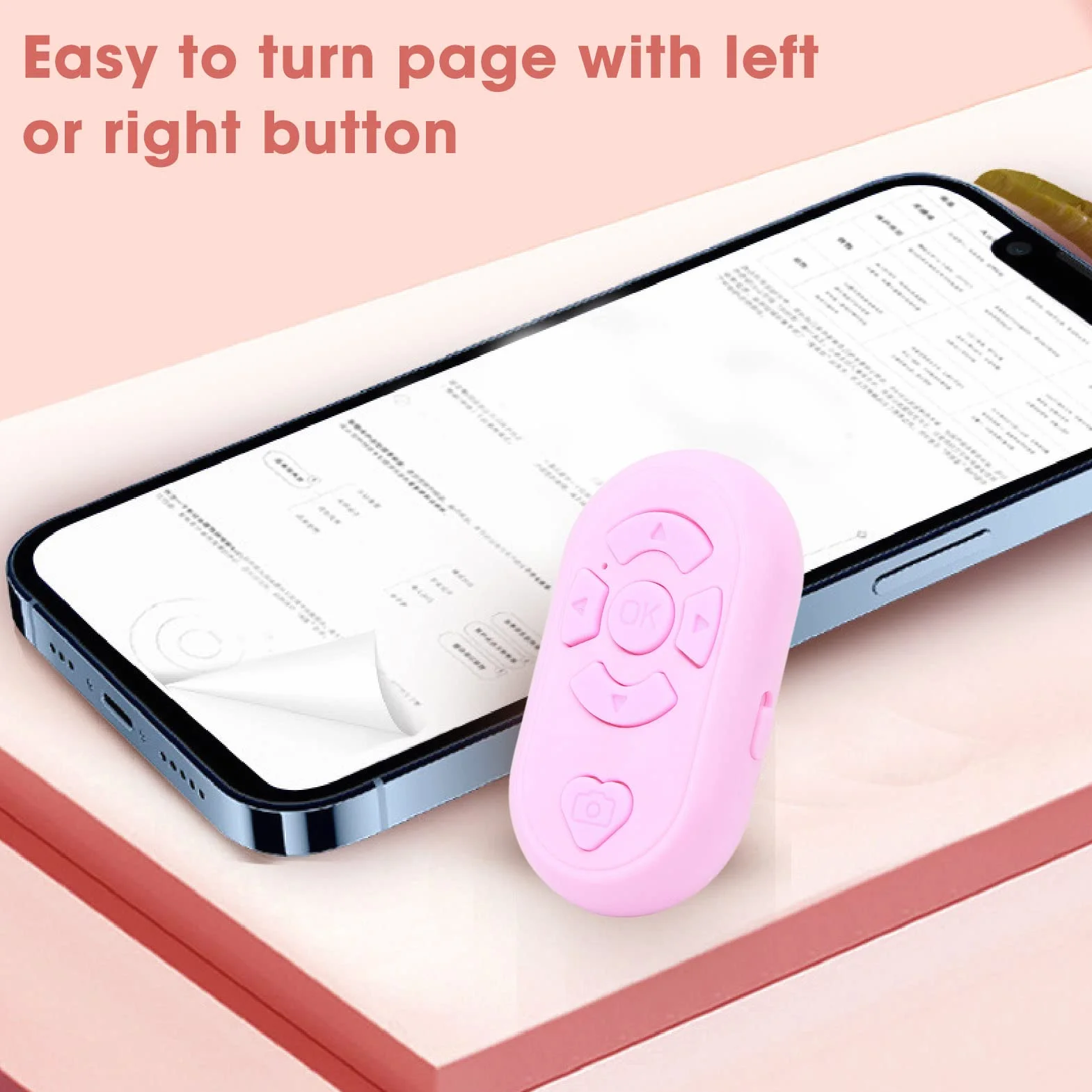 Pilot Zdalnego Sterowania Bluetooth, Aplikacja Bezprzewodowa 32,8 Stopy Przewracanie Stron, BT4.0 Zestaw Głośnomówiący Typu C Ładowanie Zdalna Migawka Aparatu do (Różowy)
