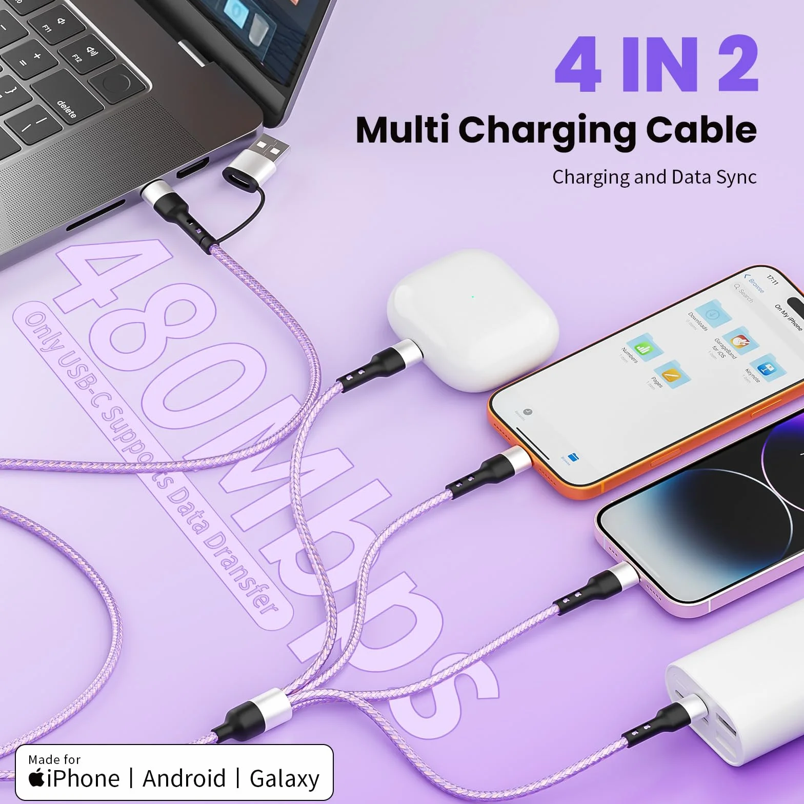 Stocking Stuffers 4 w 2 Multiple kabel ładujący z podwójnym USB C, IP i micro USB, ładowarkami do wielu urządzeń, kabel USB A/C do iPhone'a 17-11, Android, iPada, ładowania i