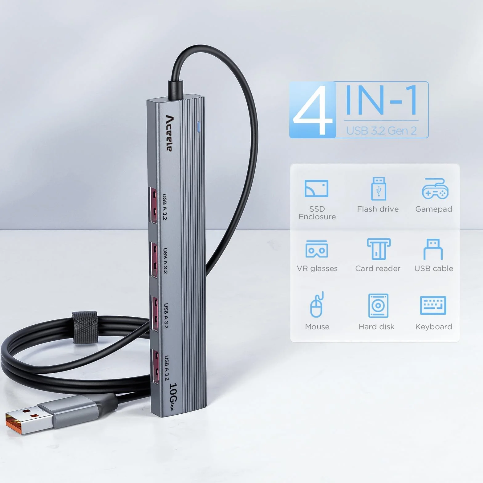 Aceele Hub USB 3.2 do 4 portów USB-A 3.2 Hub USB 3.2 z kablem przedłużonym o długości 1,2 m, 10 Gbps Wieloportowy adapter USB 3.2 Hub kompatybilny z MacBook Air/Pro, iMac itp