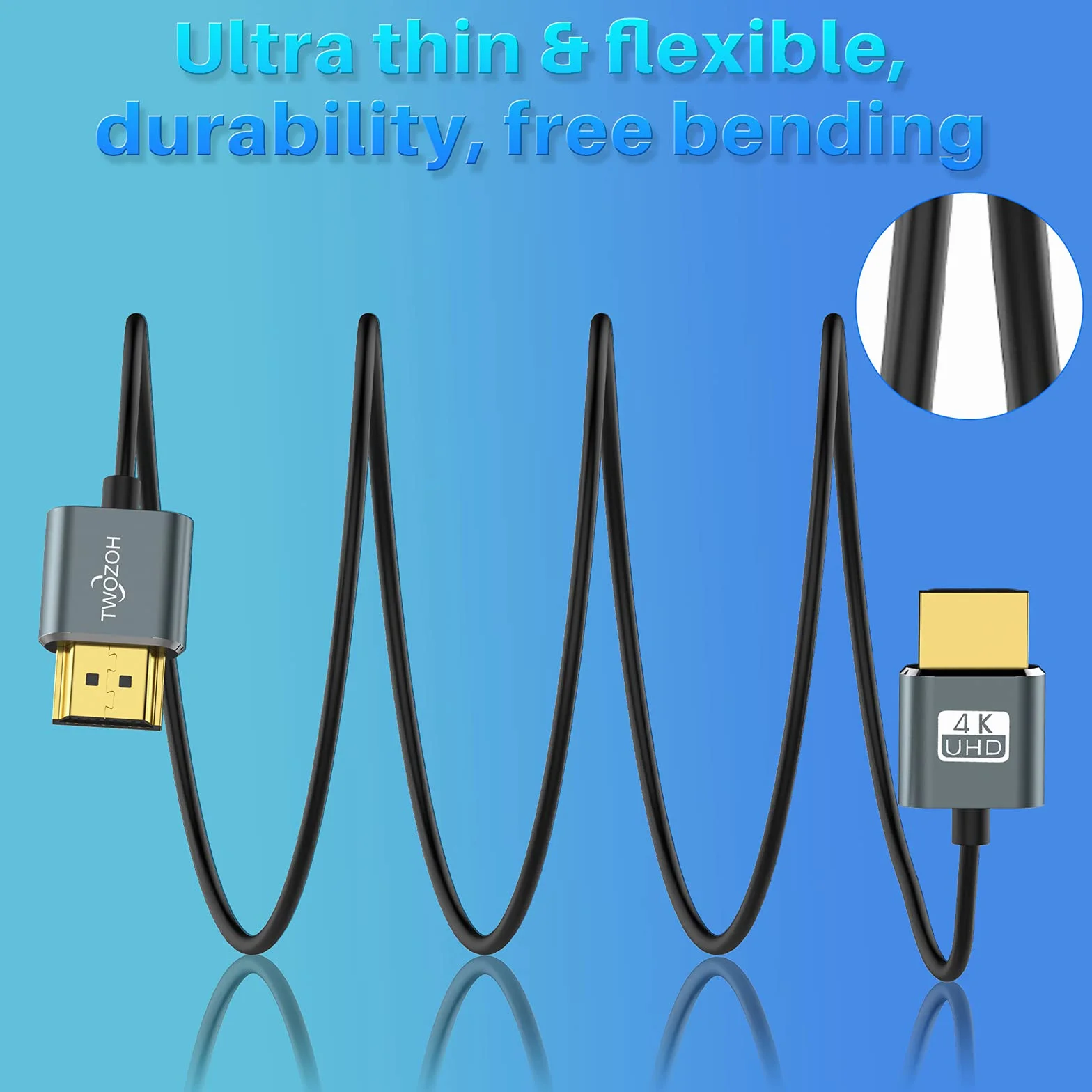 Twozoh Ultra cienki kabel HDMI do HDMI 2M, kabel Hyper Slim HDMI 2.0, ekstremalnie elastyczny kabel HDMI 4K obsługuje 3D/4 K@60 Hz, 2160P, 1080P