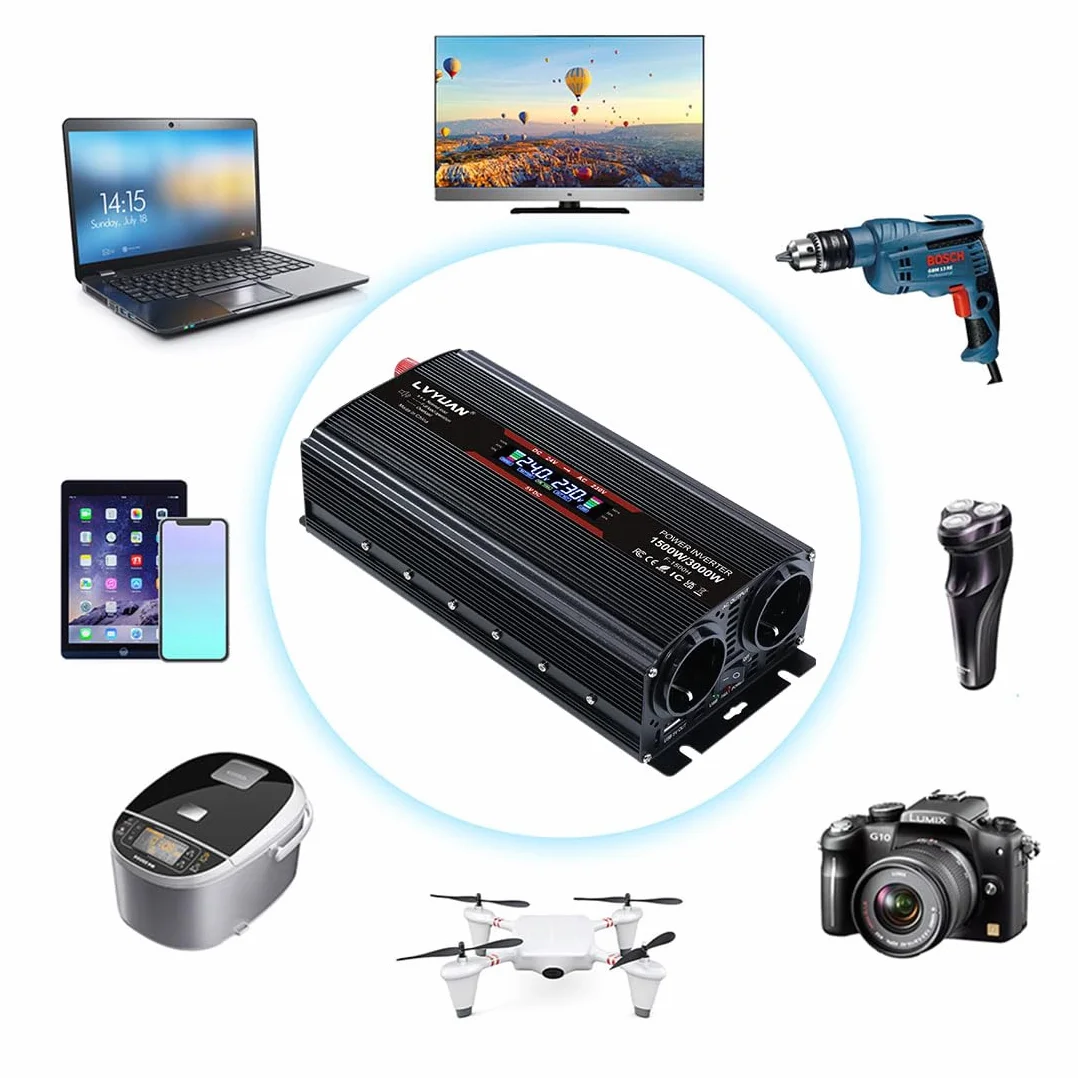 LVYUAN Przetwornica napięcia 24 V 230 V 1500 W/3000 W, przetwornica prądu z 4 bezpiecznikami, ekran LCD, 2 gniazda europejskie, wentylator i złącza USB 5 V, w zestawie wtyczka zapalniczki samochodowej, kolor czarny