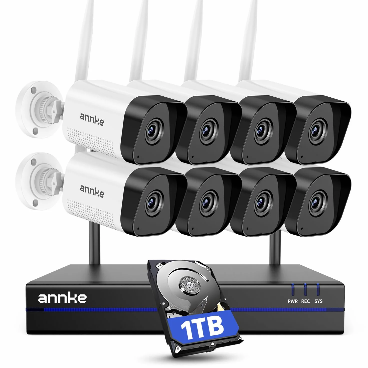 ANNKE Zestaw kamer monitoringowych 3 MP WLAN, 8 CH 5 MP, NVR, 8 kamer 3 MP, WiFi, zestaw do monitoringu wideo z dyskiem twardym 1 TB, obsługuje nagrywanie audio, odporność na warunki atmosferyczne