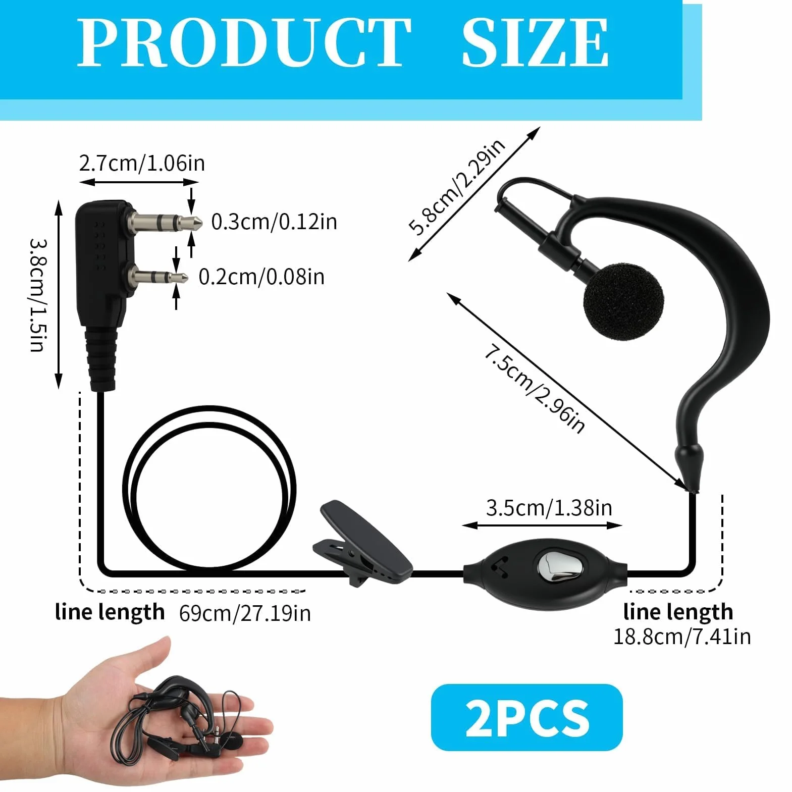 Zestaw 2 słuchawek akustycznych, kompatybilny z Baofeng BF-888S / BF-777S / BF-666S / UV-5R / 5RA / 5RE Two Way Radio Walkie – czysty dźwięk, rozmowy bez użycia rąk, do komunikacji