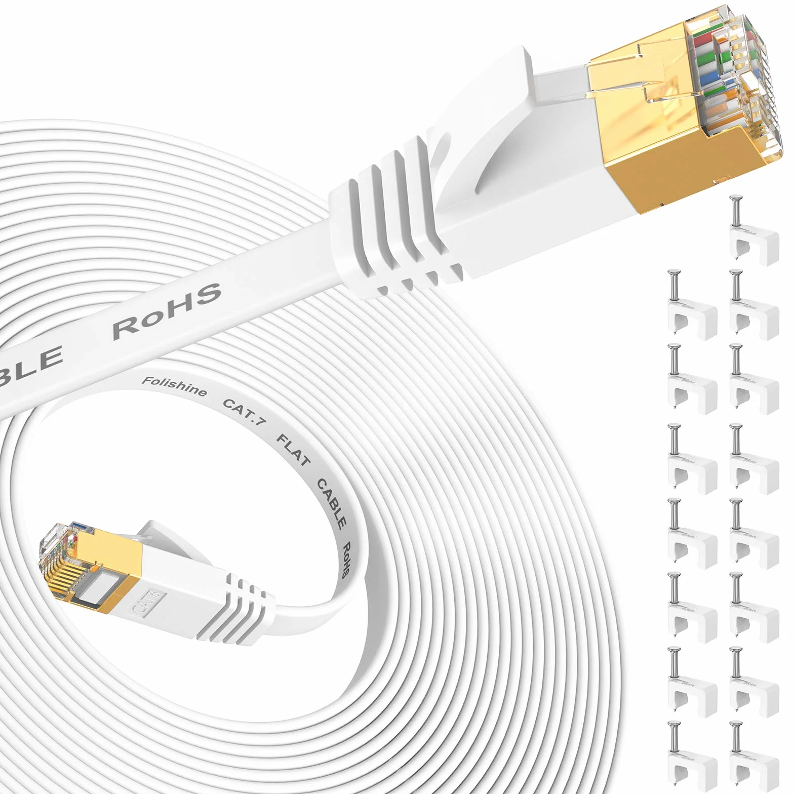 Folishine Kabel Ethernet Cat7 10 m, kabel szerokopasmowy z pozłacaną wtyczką RJ45, ekranowany kabel LAN do przełączników sieciowych, biały