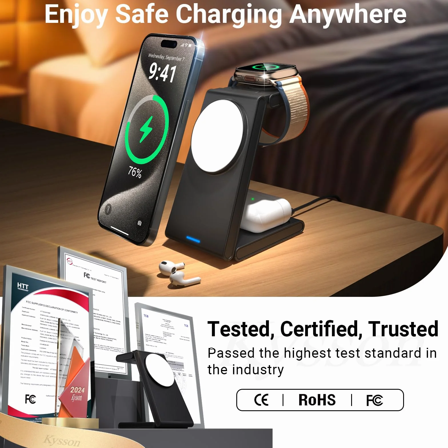Kysson - Składana stacja ładująca 3 w 1 dla wielu urządzeń Apple, bezprzewodowa ładowarka podróżna do ładowarki MagSafe, magnetyczny uchwyt ładujący do iPhone'a 15/14/13/12 dla