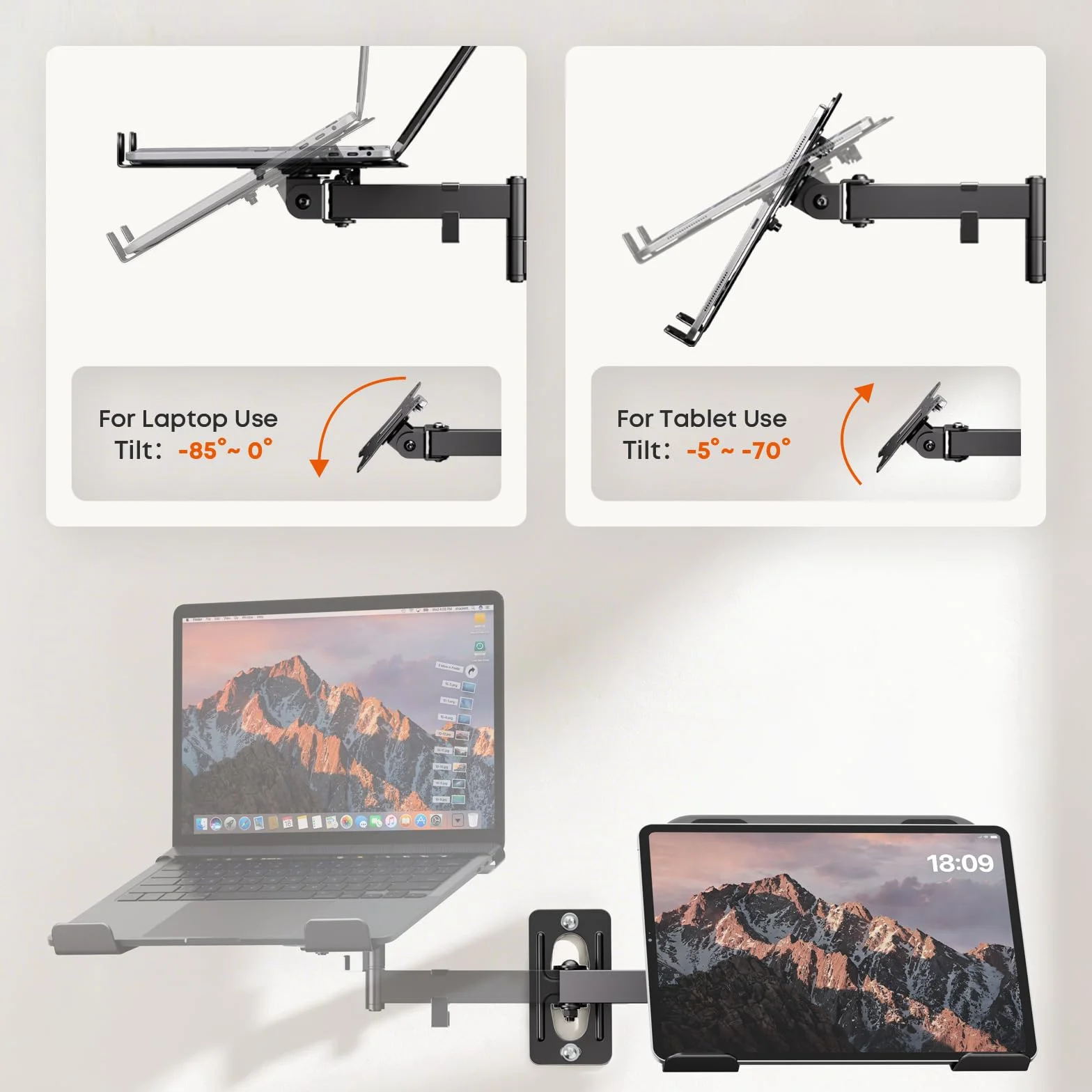 Uchwyt ścienny do laptopa i tabletu do 5 kg, metalowy uchwyt 300 x 250 mm, kompatybilny z laptopami 12-17" i tabletami 10-13", VESA 75/100 mm, do domowego biura i kuchni